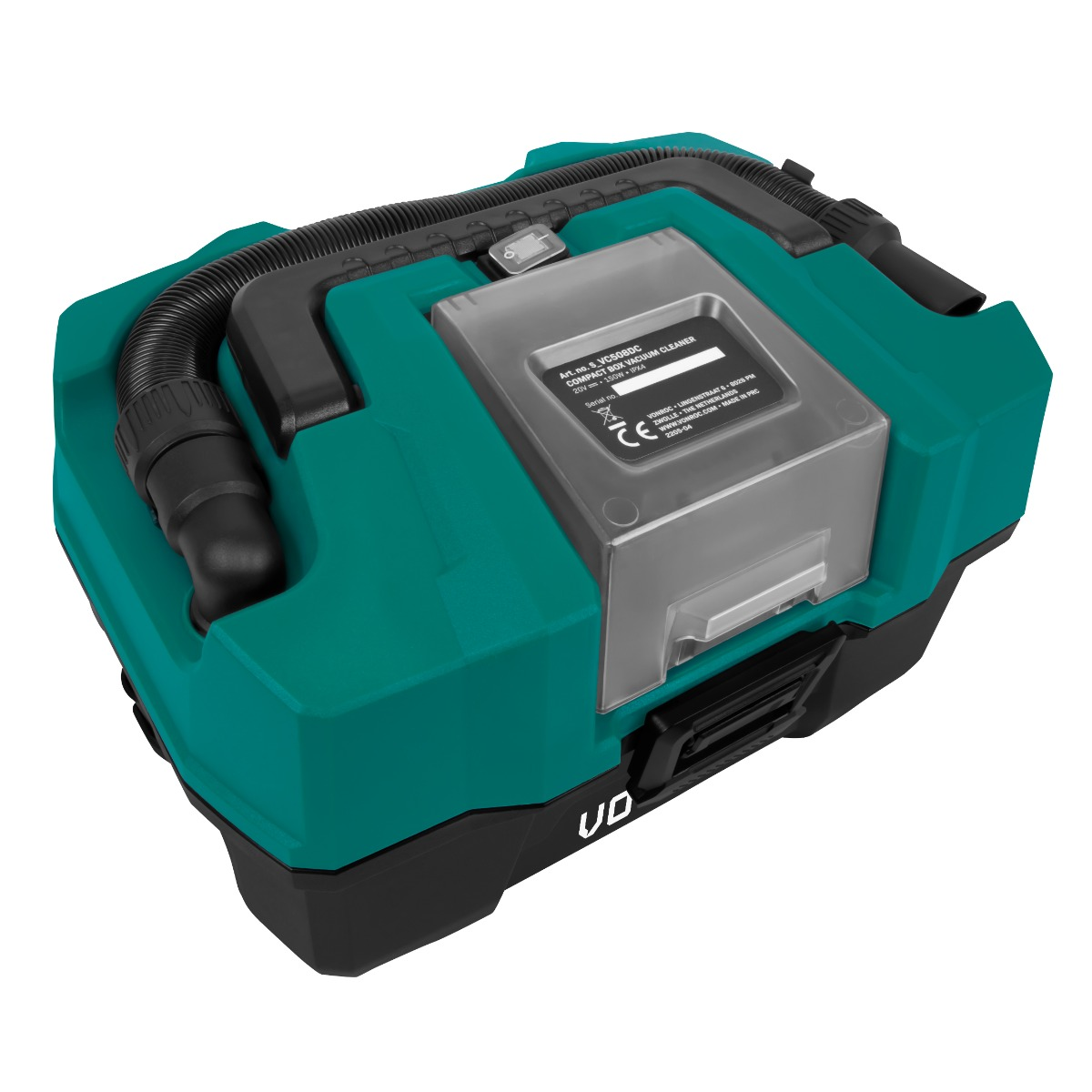 A portable teal-colored cordless vacuum cleaner with a black hose and handle.