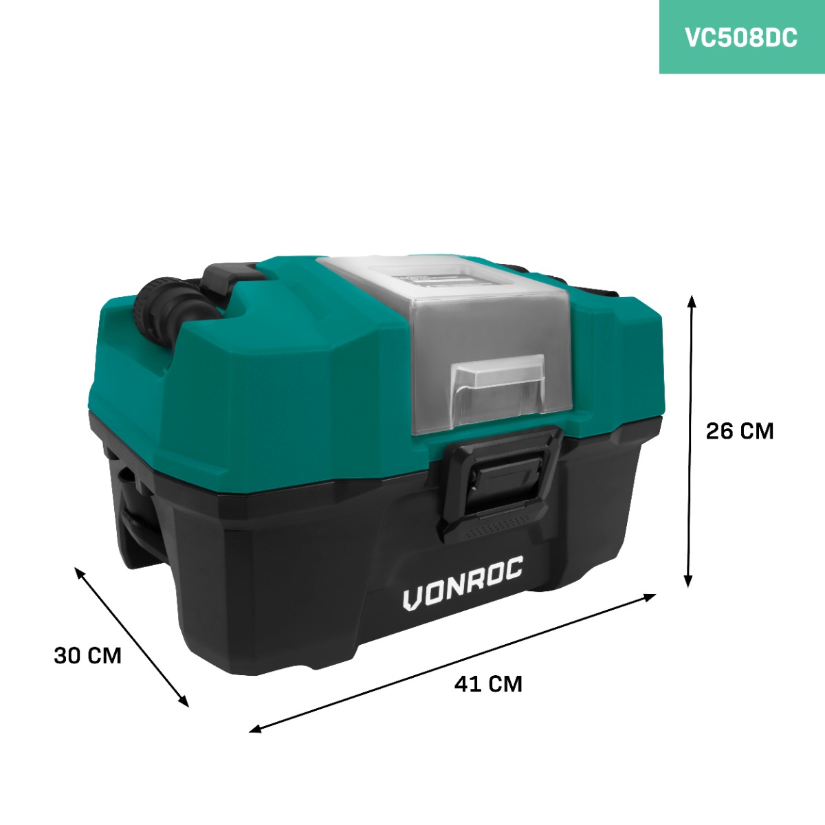 Green and black tool box with dimensions 41x30x26 cm.