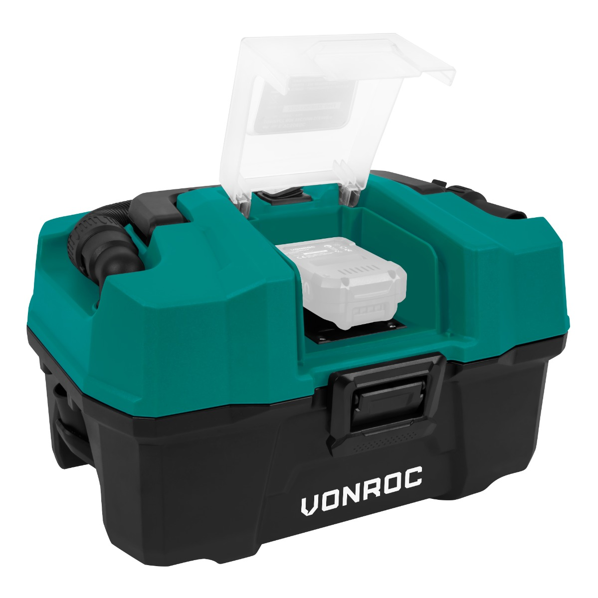 A teal and black portable vacuum with its lid open, showing a battery inside.