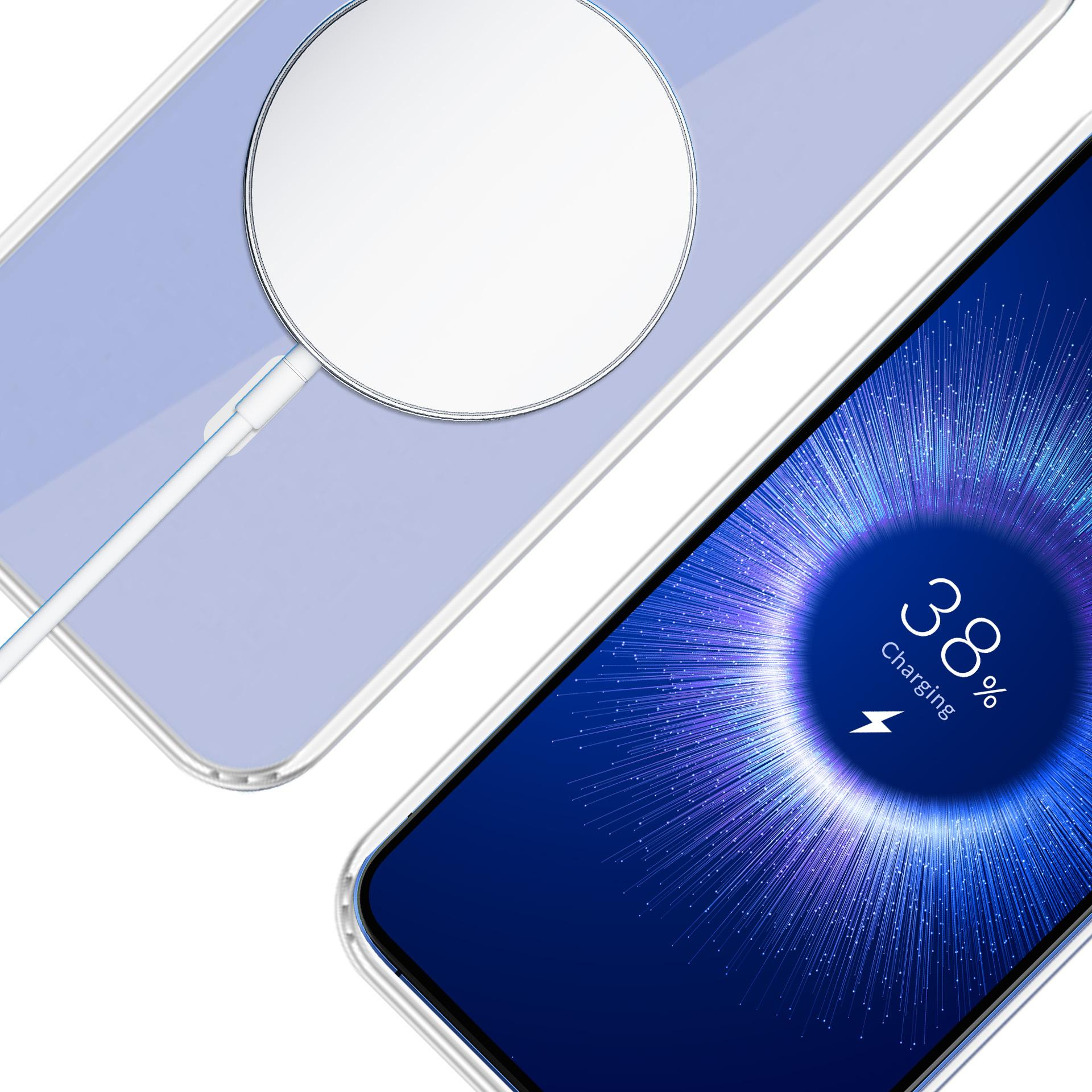 Smartfon ładuje się w 38% za pomocą białego kabla i podkładki.