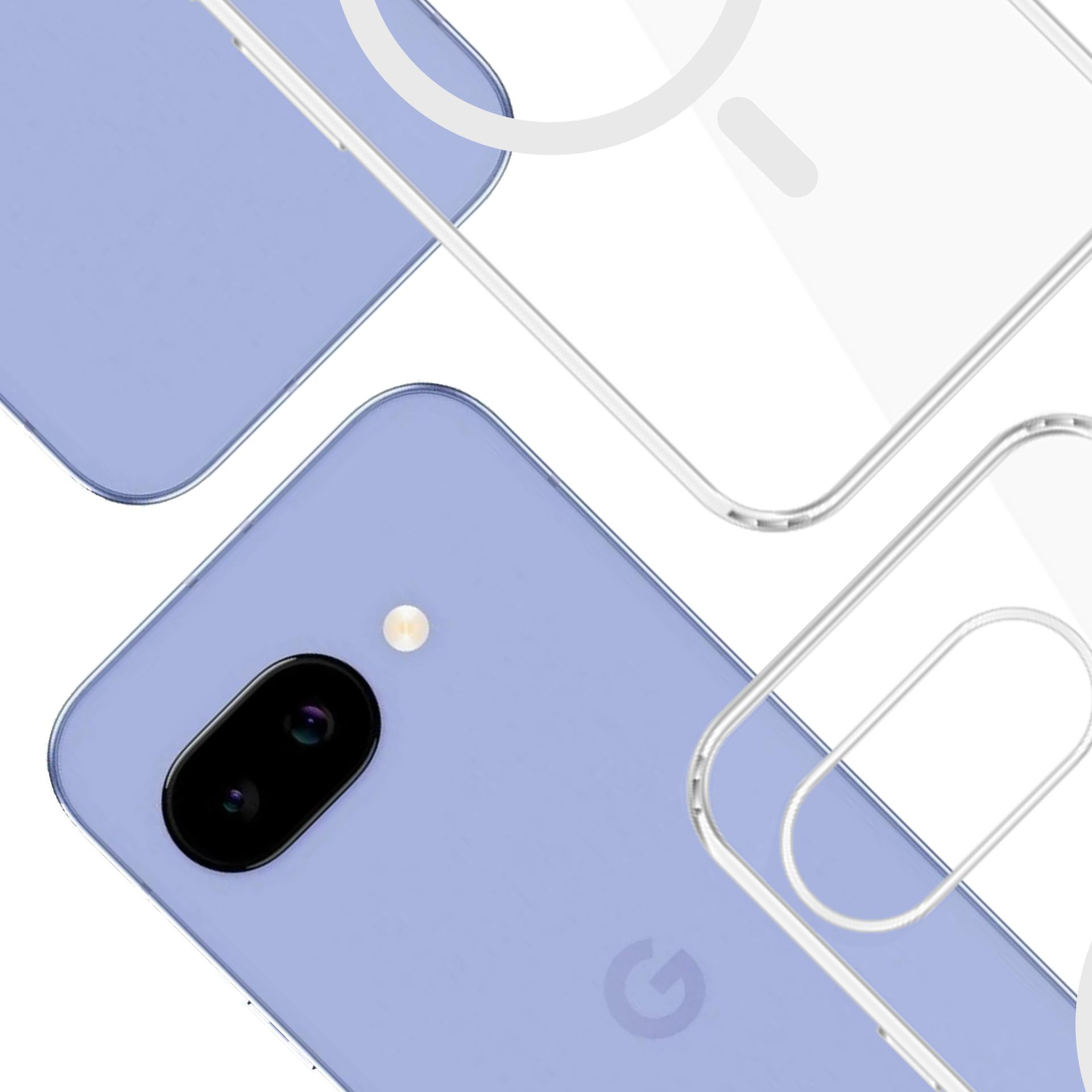 Fioletowy telefon z dwoma aparatami i logo G, pokryty przezroczystym etui.