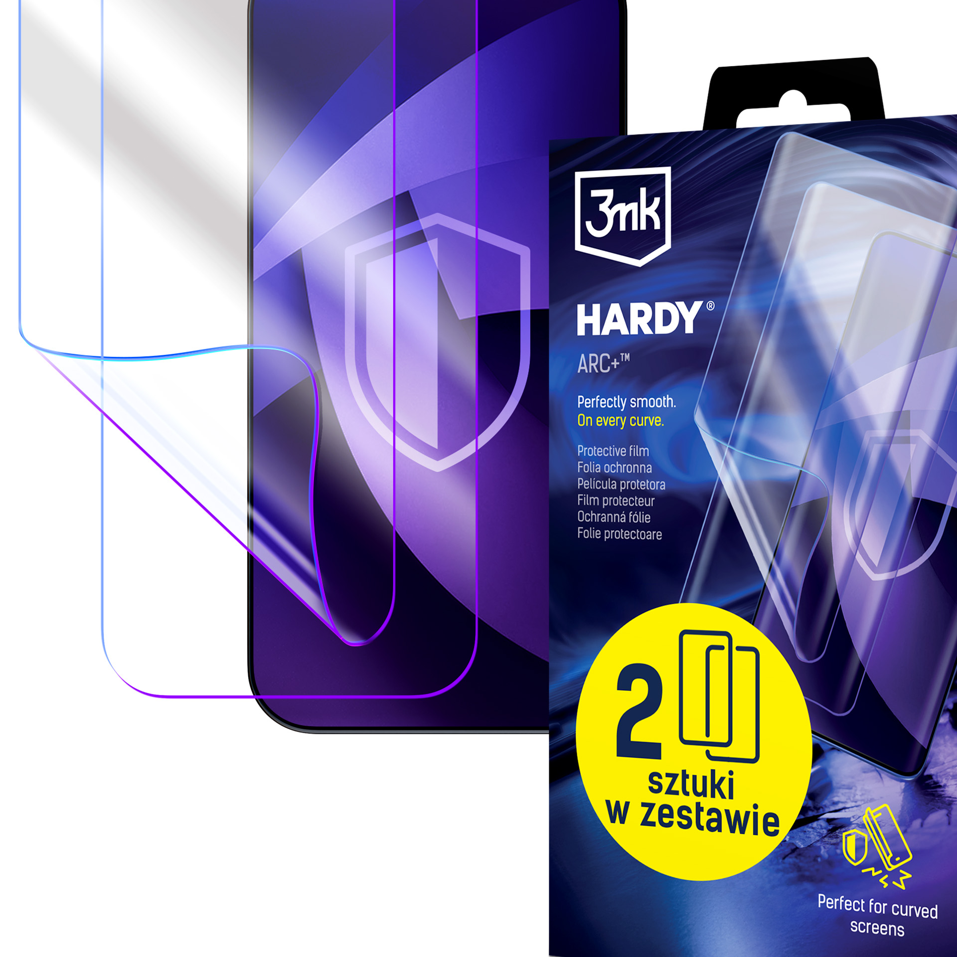 Folia ochronna 3mk Hardy ARC+ na zakrzywione ekrany, 2 sztuki.