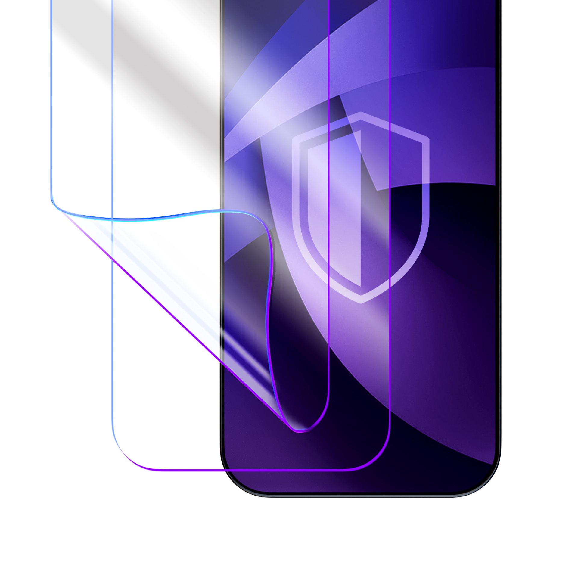 Folia ochronna na ekran jest umieszczana na smartfonie. Jest przezroczysta z fioletowymi krawędziami.