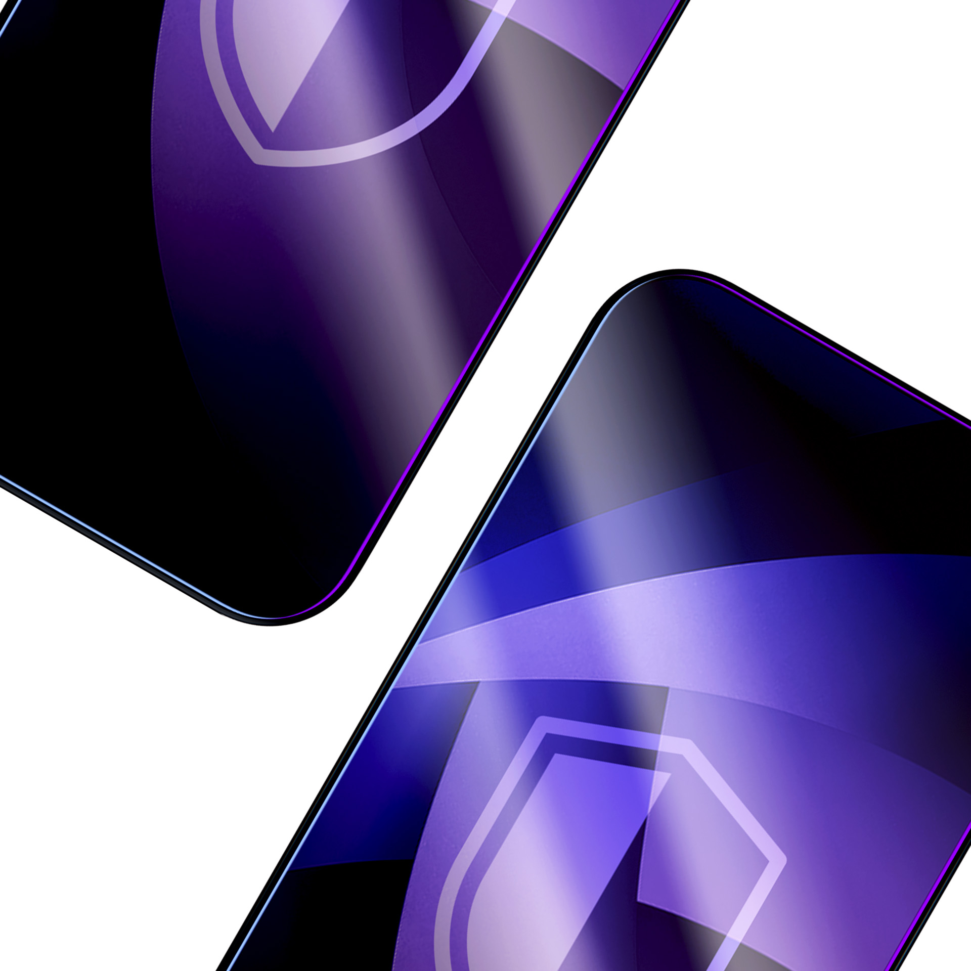 Dwa czarne smartfony z fioletowymi i białymi abstrakcyjnymi wzorami.