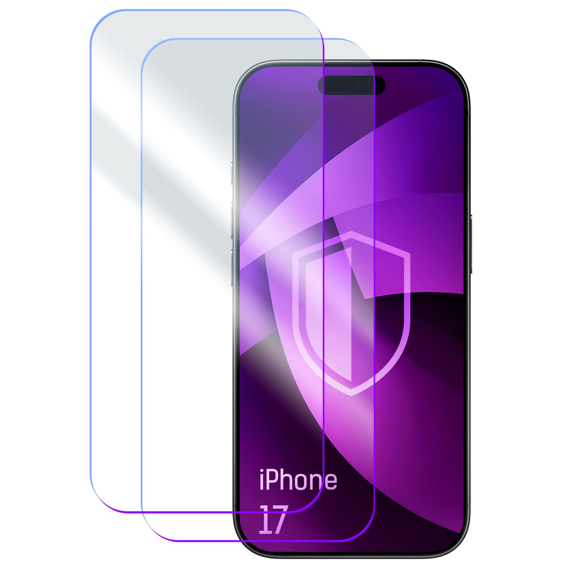 Dwie przezroczyste folie ochronne obok fioletowego ekranu iPhone'a 17.