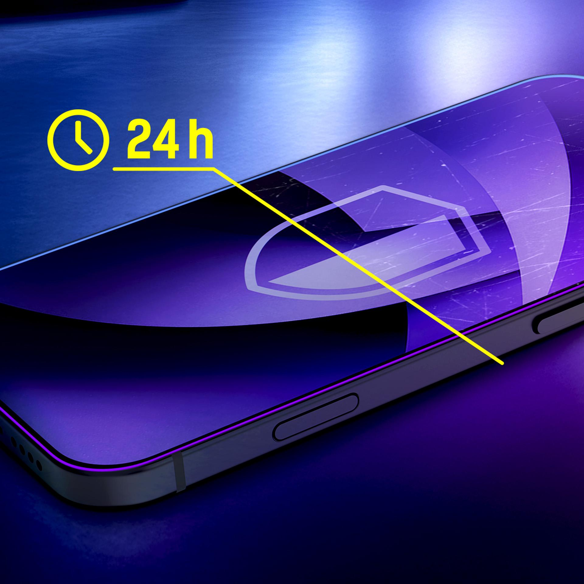 Zegar i "24h" nad fioletowym smartfonem z ikoną baterii.