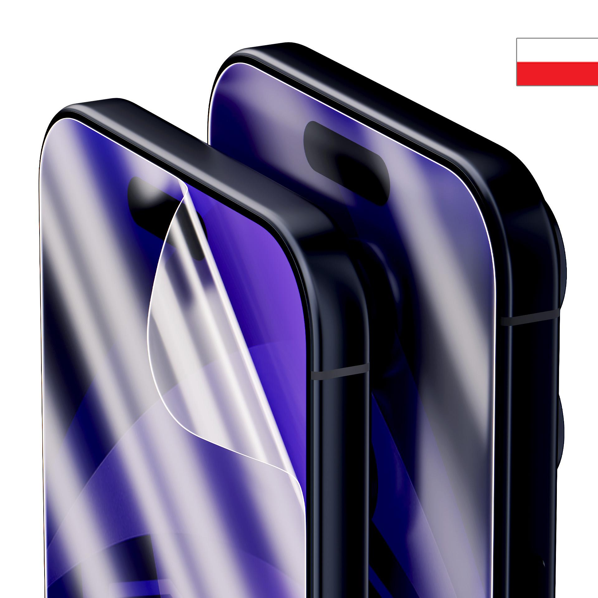 Dwa ciemne smartfony z niebieskimi ekranami i foliami ochronnymi, z polską flagą.