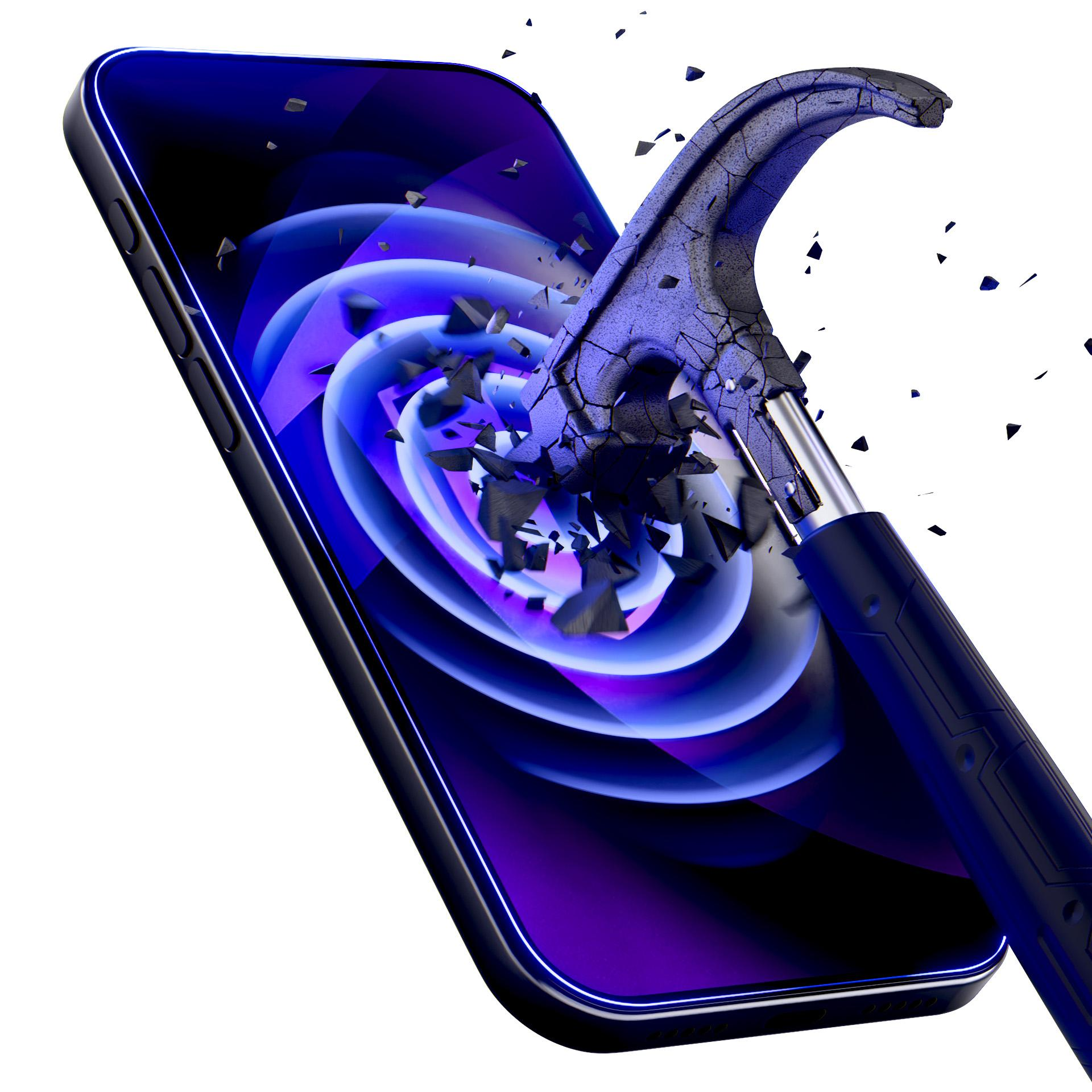 Niebieski młotek rozbija ciemny ekran z fioletowymi falami.