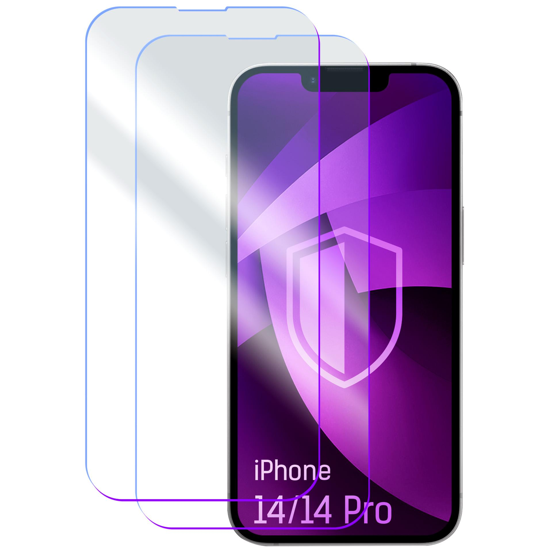 Dwie folie ochronne na ekran do iPhone 14/14 Pro z fioletowym tłem graficznym.