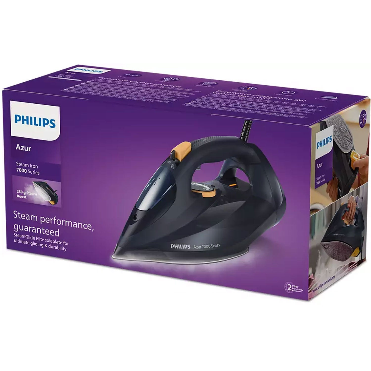 Verpackung eines schwarzen Philips Azur Dampfbügeleisens der Serie 7000.