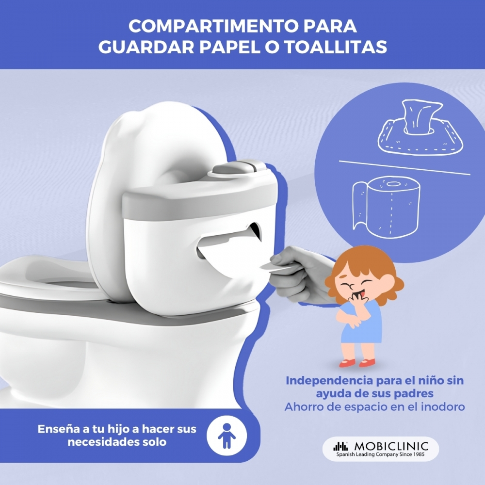 Mano de niño saca papel higiénico de compartimento del orinal.