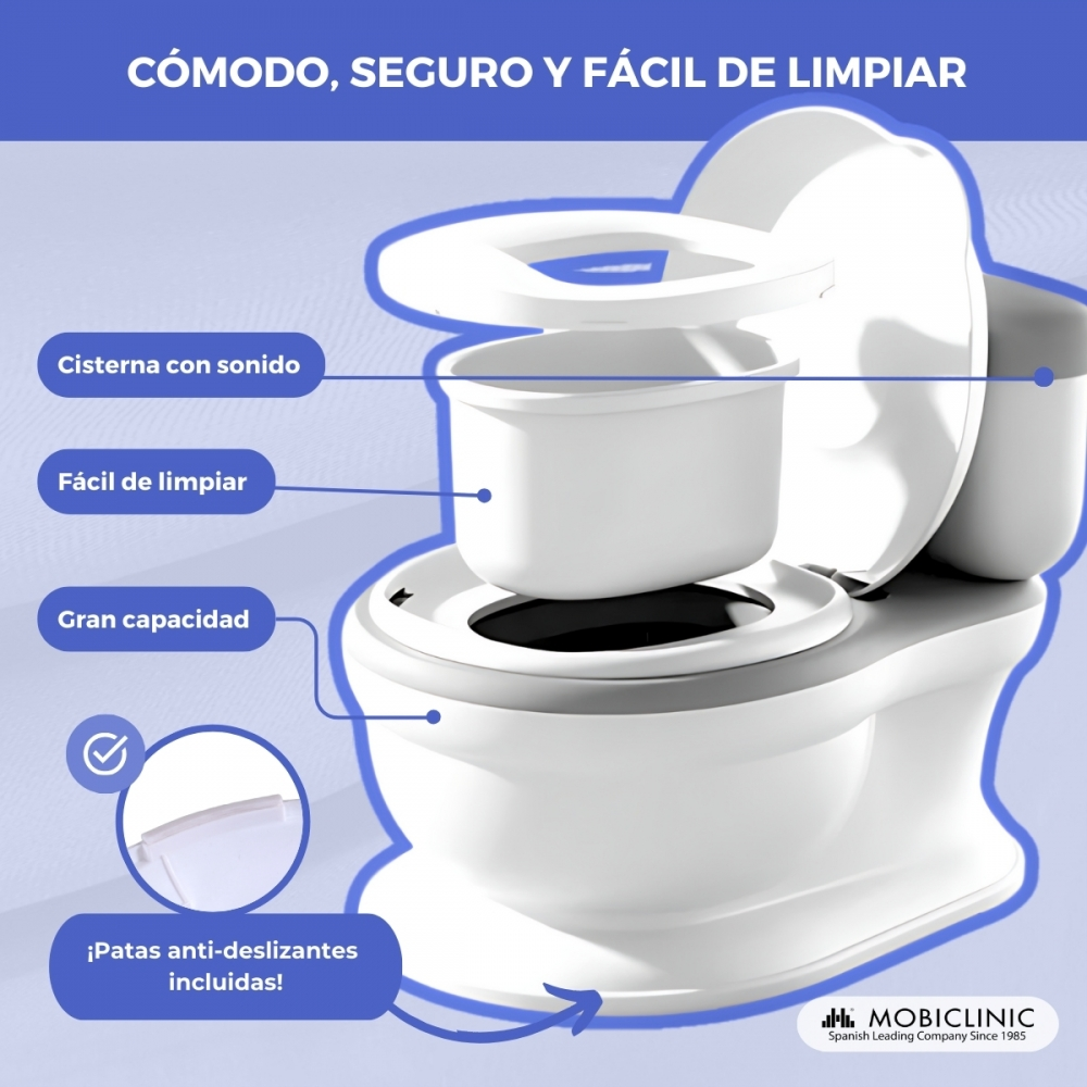 Un orinal infantil blanco con cisterna de sonido, fácil limpieza y patas antideslizantes.