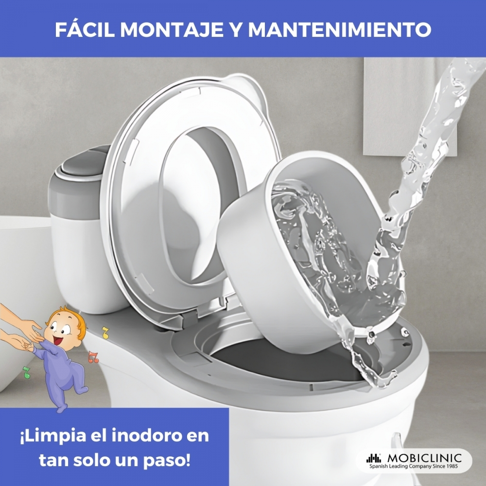 Un asiento de inodoro blanco para niños con agua vertiéndose.