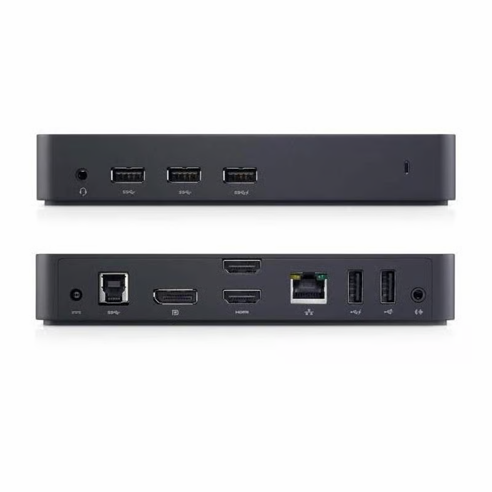 Czarna stacja dokująca: Góra 4 porty USB, dół 2 HDMI, Ethernet, 2 USB, audio.