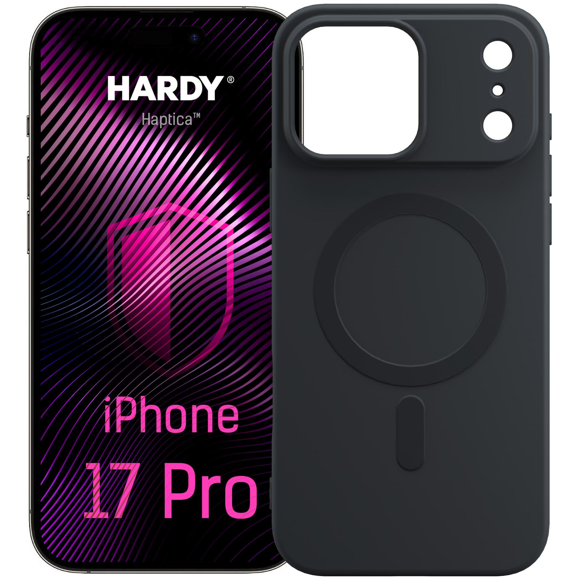 Czarny iPhone 17 Pro z wyświetlaczem Hardy Haptica obok czarnego etui.