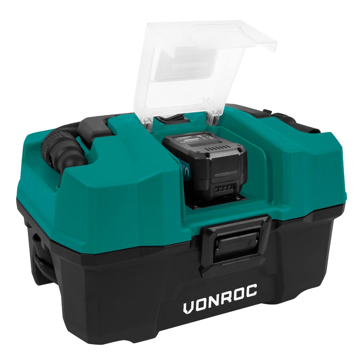 Green and black cordless vacuum with battery and open lid.