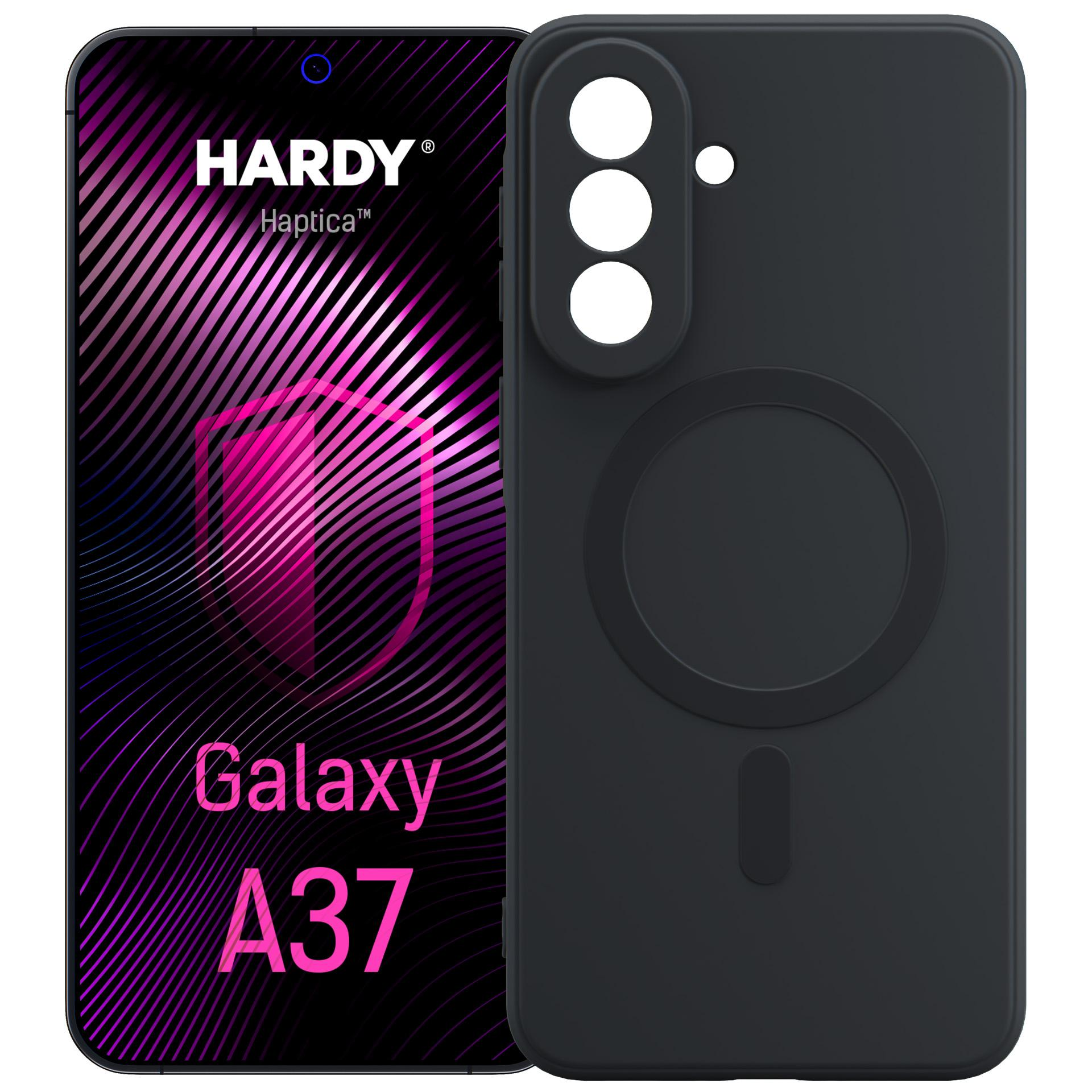 Czarny telefon obok etui. Na ekranie widoczny jest wzór.