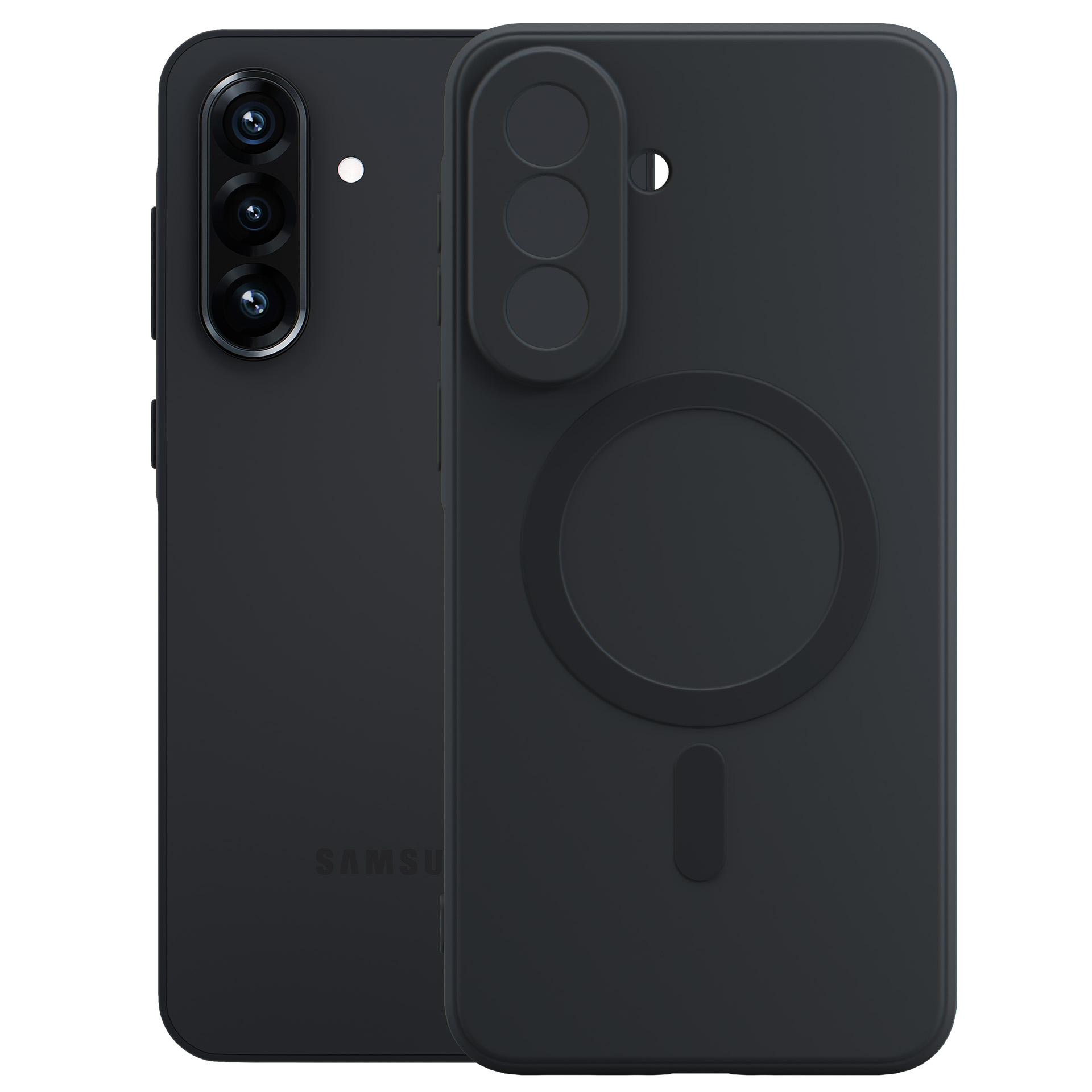 Czarny smartfon z trzema aparatami i etui ochronnym z pierścieniem magnetycznym.