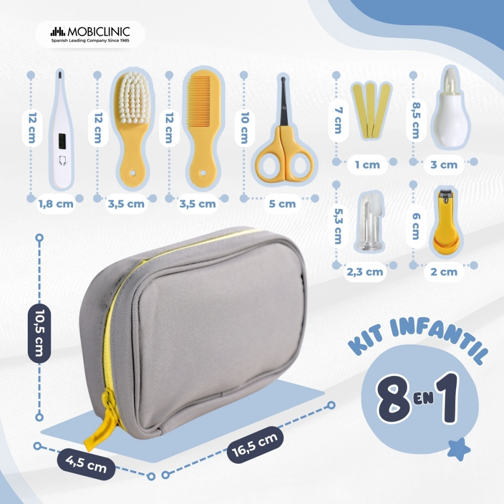 Un kit de cuidado para bebés con accesorios, incluyendo termómetro, cepillo, peine, tijeras y cortaúñas.