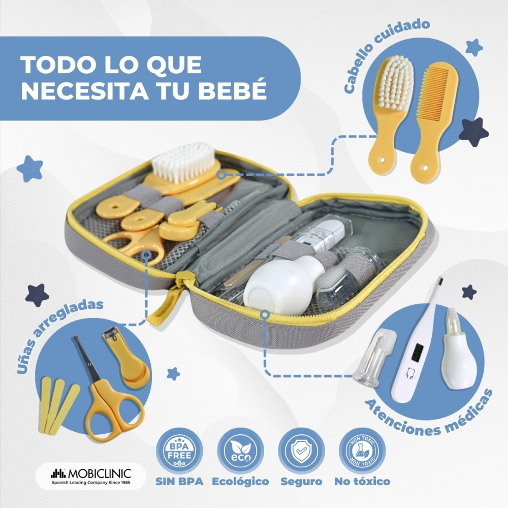 Neceser de bebé con cepillos, peine, tijeras, termómetro y aspirador nasal.