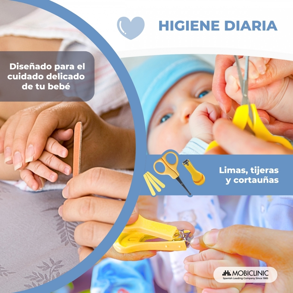Cuidado del bebé: Manos limadas, uñas cortadas con tijeras/cortauñas.