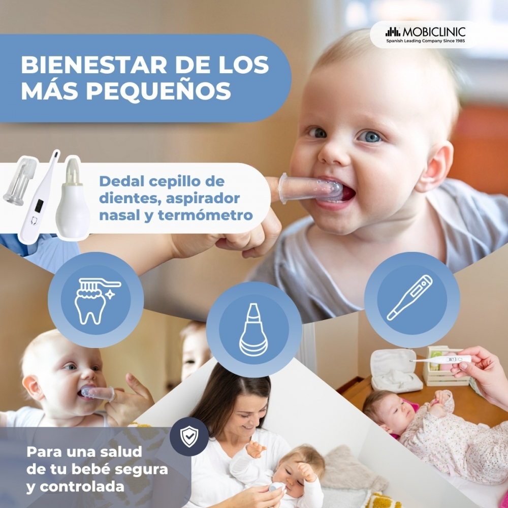 Cuidado del bebé: dedal cepillo, aspirador nasal y termómetro.