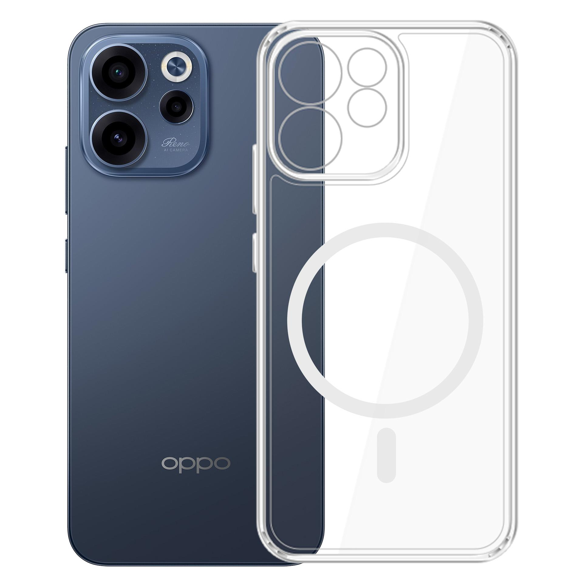 Ciemnoniebieski telefon z aparatami i obok przezroczyste etui ochronne.