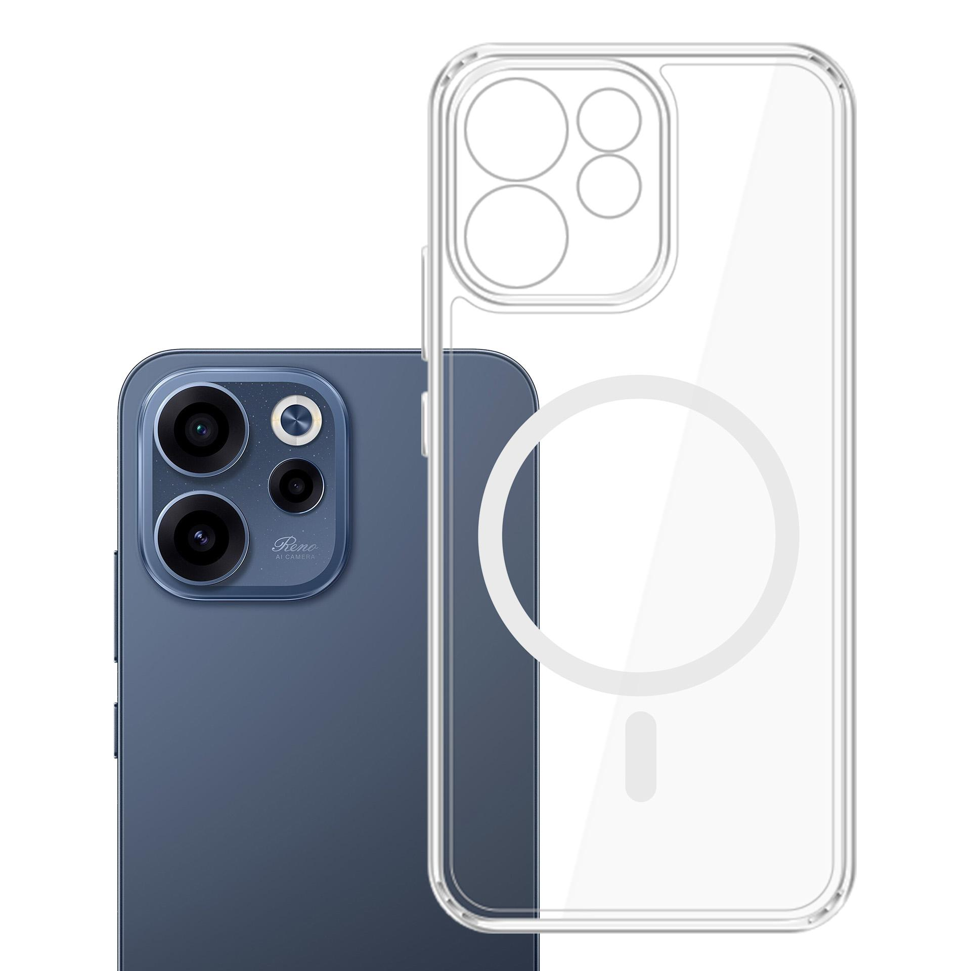 Niebieski smartfon z trzema aparatami obok przezroczystego etui na telefon.