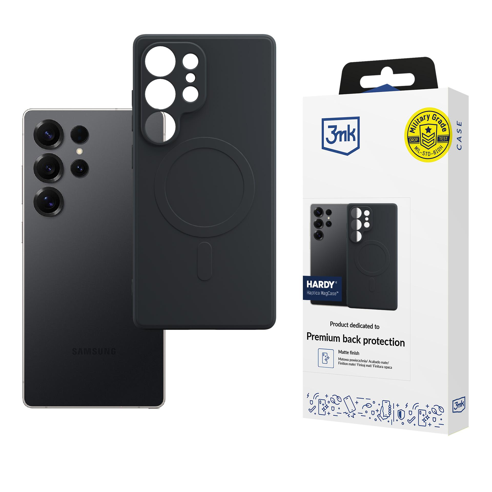 Czarny telefon z aparatami, obok czarnego etui na telefon, na białym tle.