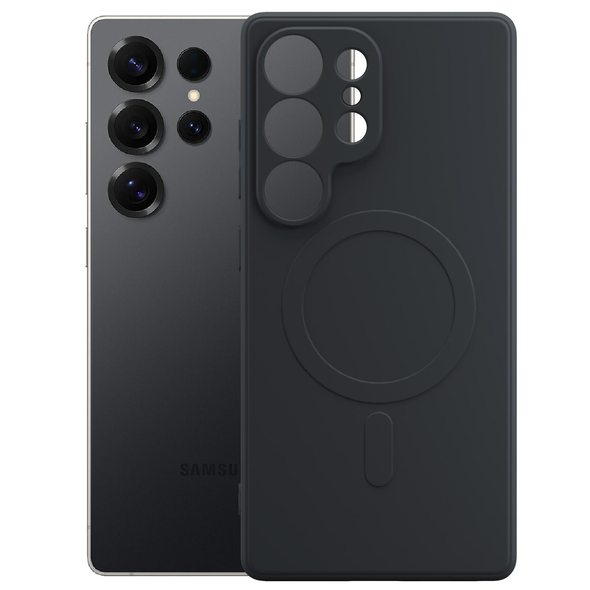 Czarny smartfon z czterema aparatami obok czarnego etui na telefon.