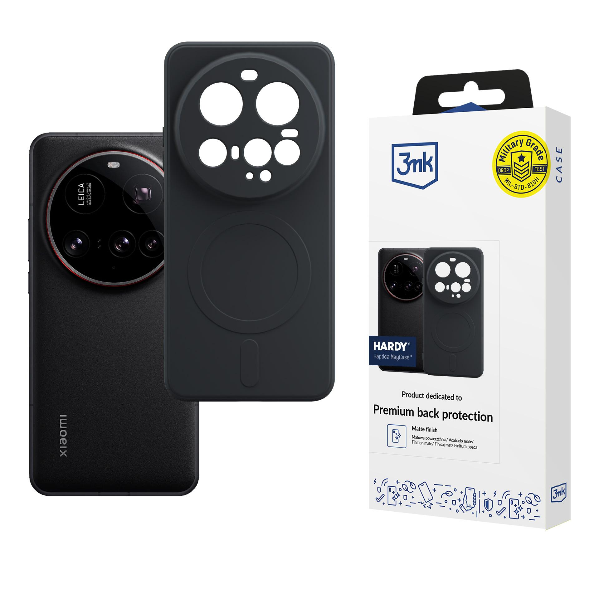 Czarne etui na telefon obok smartfona z aparatem Leica. Opakowanie po prawej.