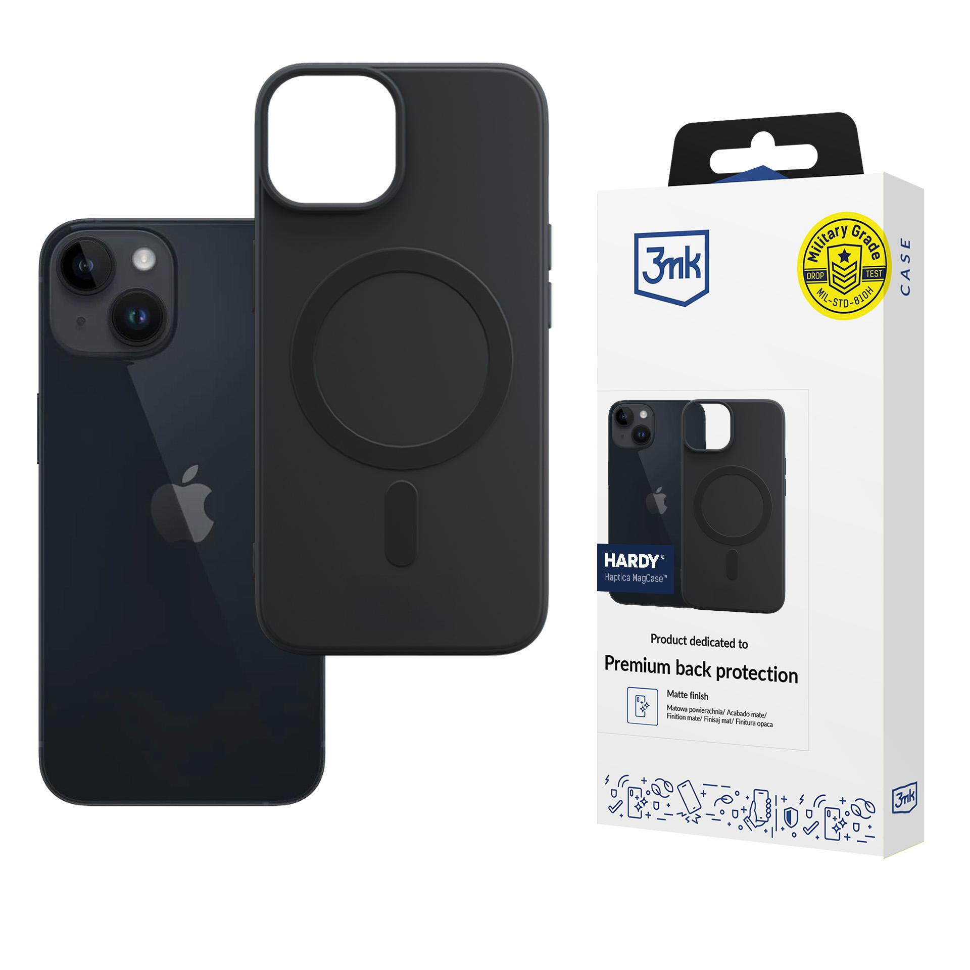 Ciemny smartfon z czarnym etui obok i opakowaniem.