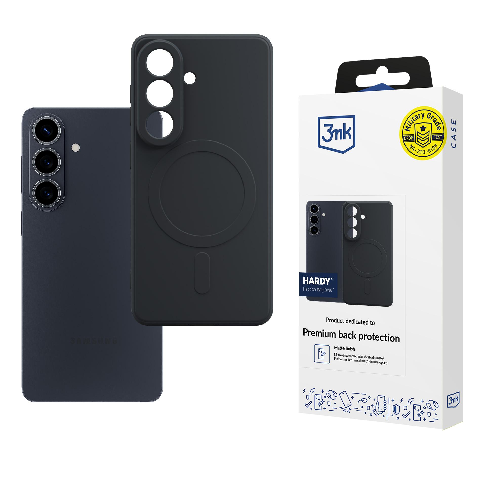 Czarny smartfon i etui na telefon z opakowaniem.