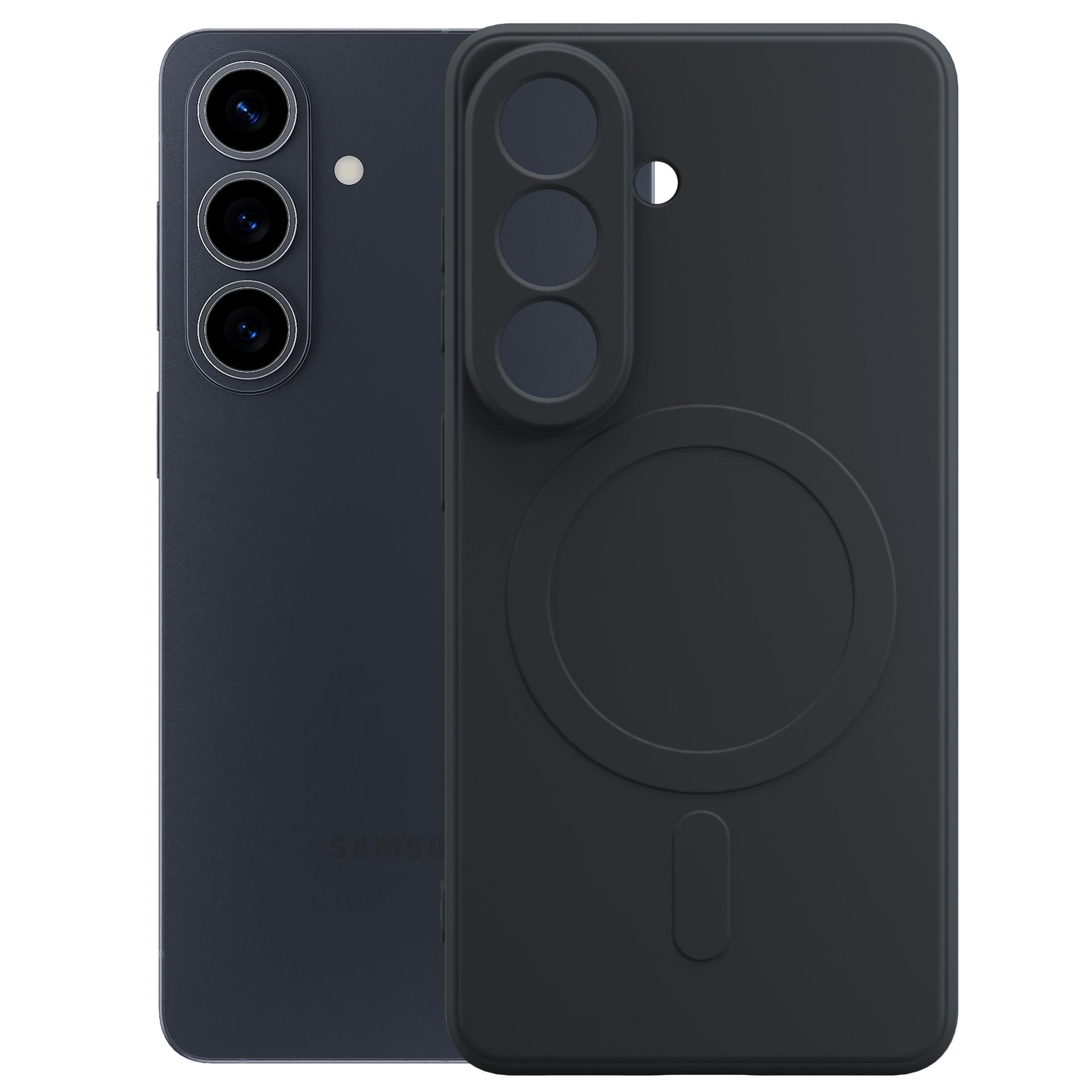 Ciemnoszary smartfon z trzema aparatami obok czarnego etui na telefon.