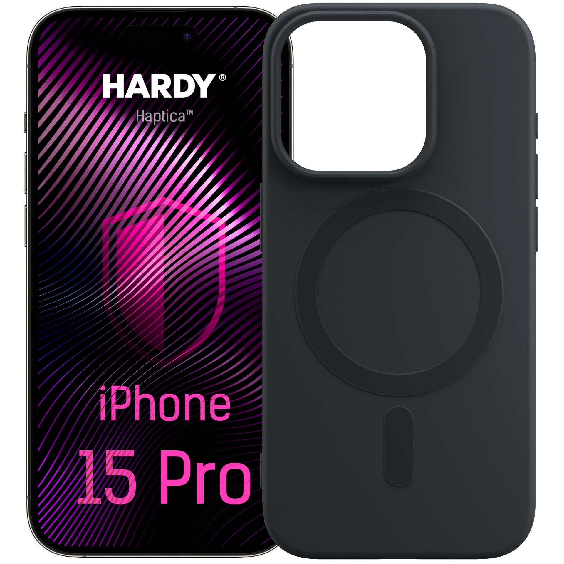 Czarne etui na telefon z pierścieniem magnetycznym obok iPhone 15 Pro.