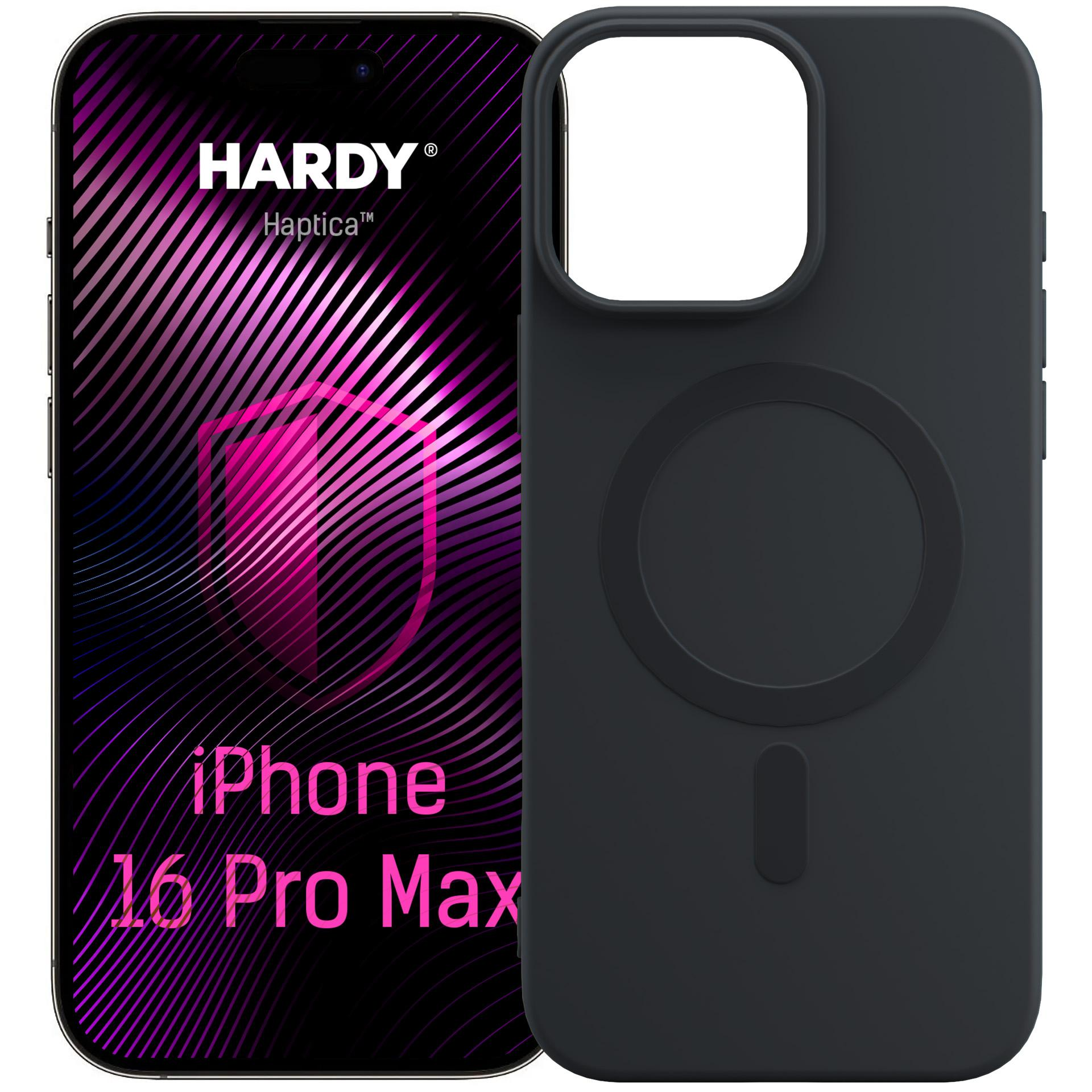 Czarne etui na iPhone 16 Pro Max obok telefonu z różowym wzorem.