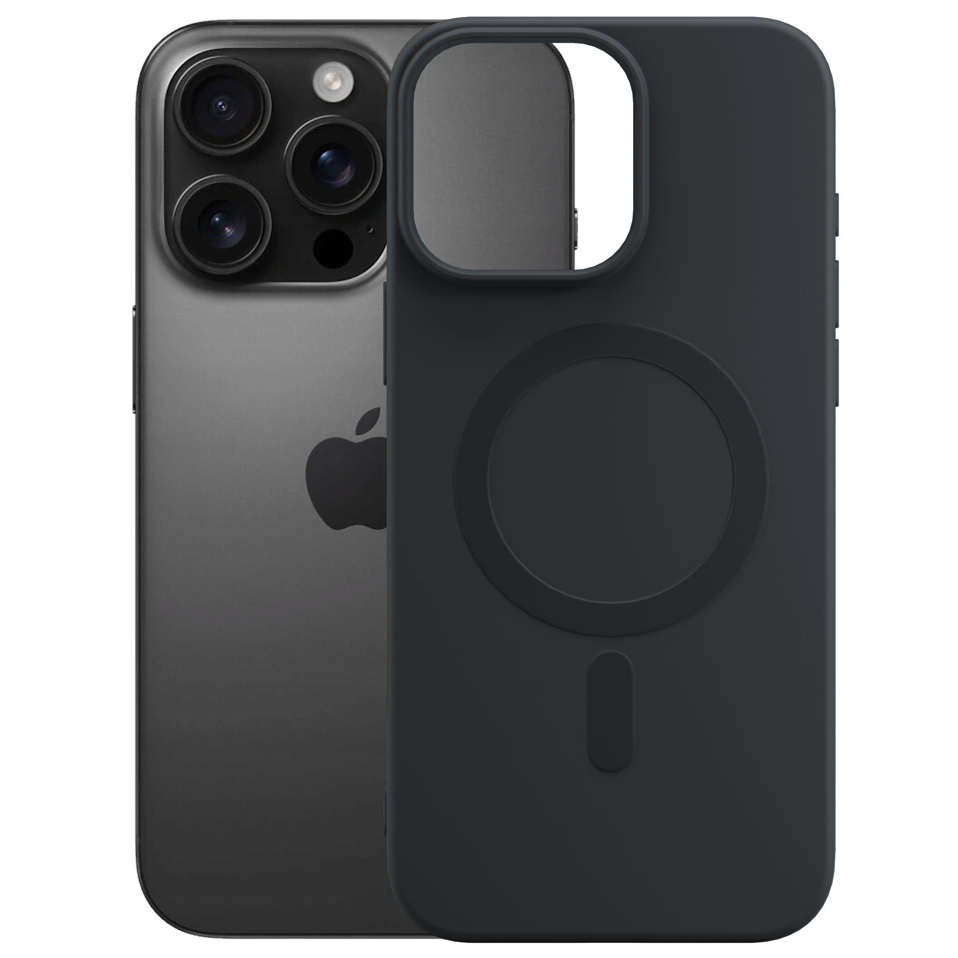 Czarny iPhone z trzema aparatami obok czarnego etui na telefon.