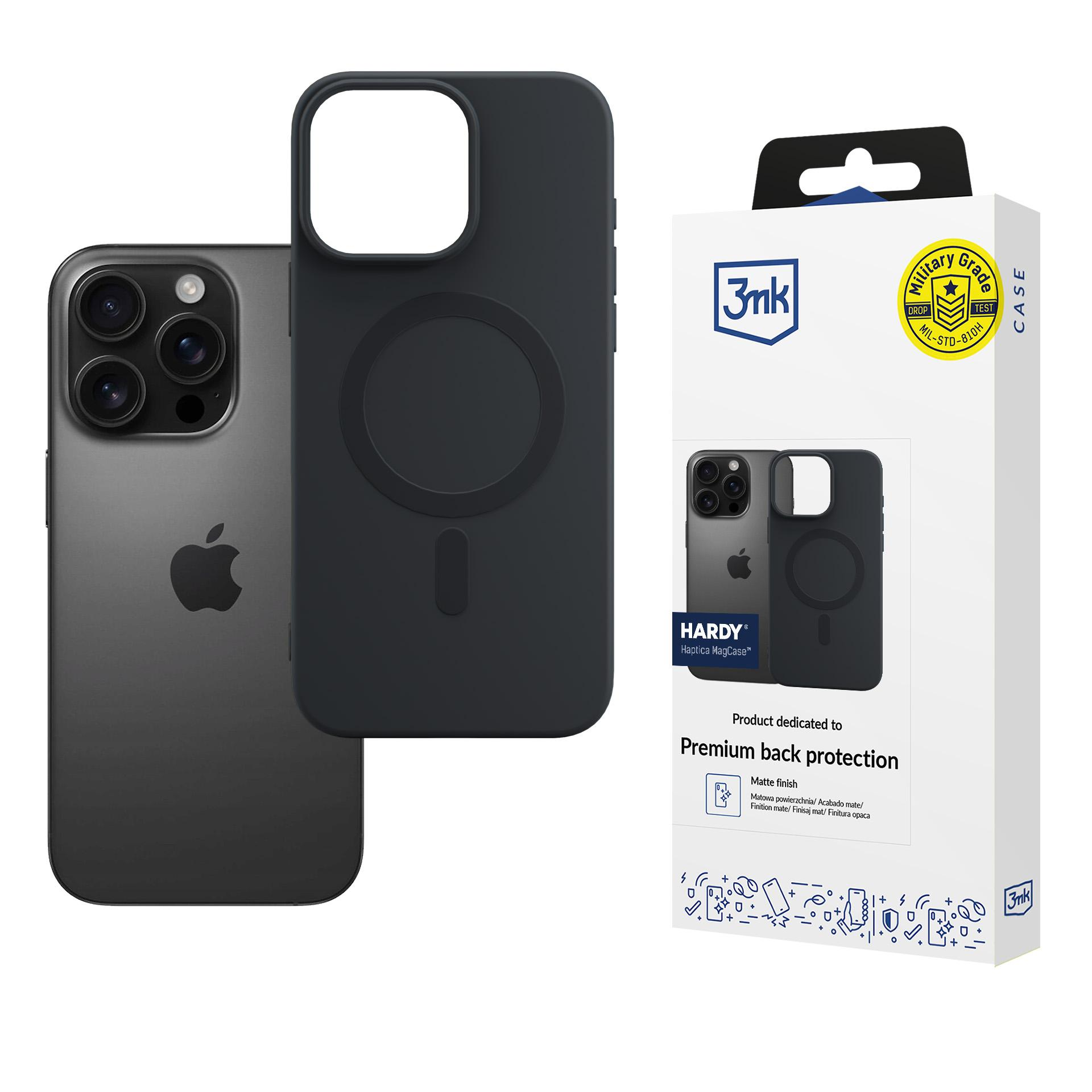 Czarny iPhone z etui obok i jego opakowaniem.