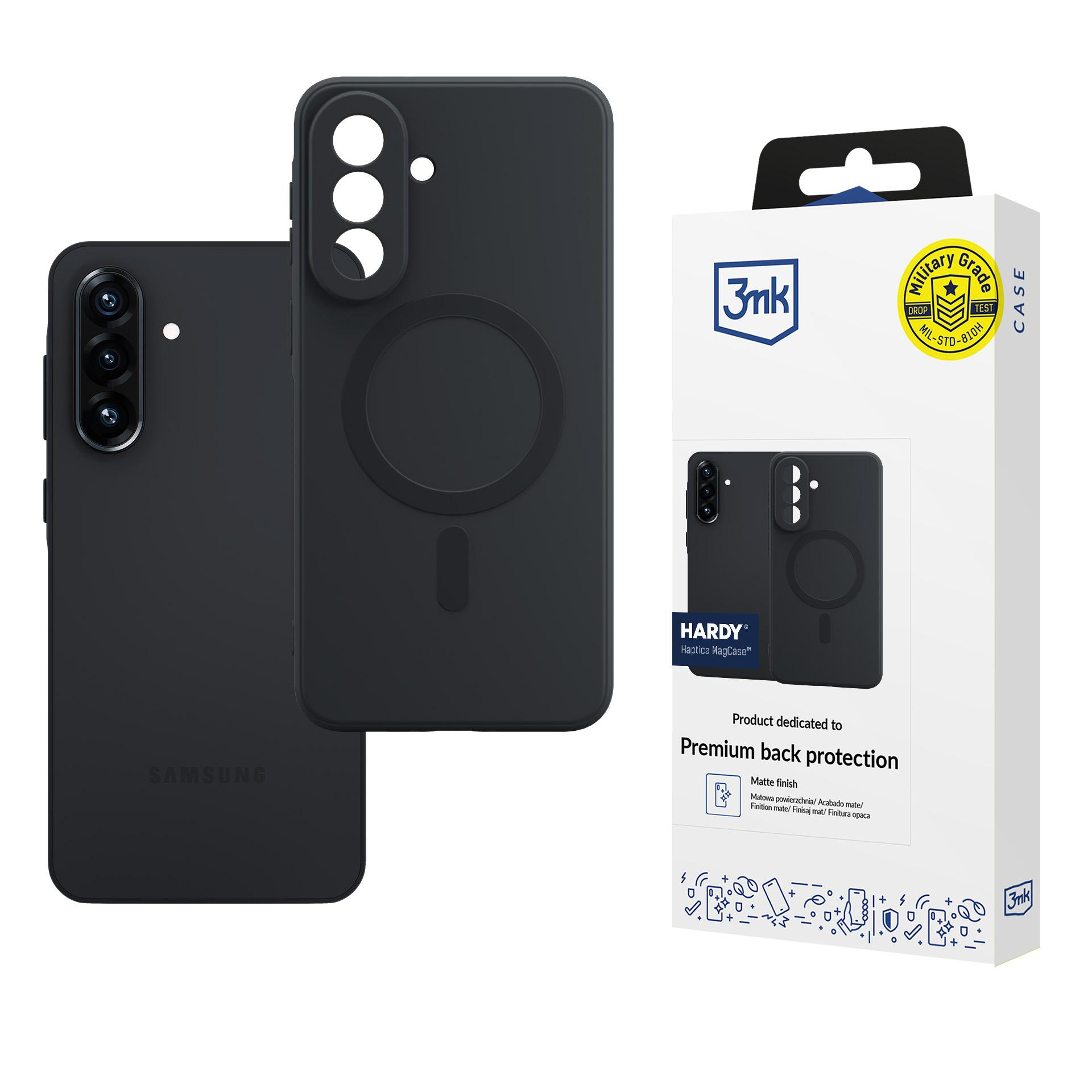 Czarny smartfon z etui obok i opakowaniem. Certyfikat klasy wojskowej.