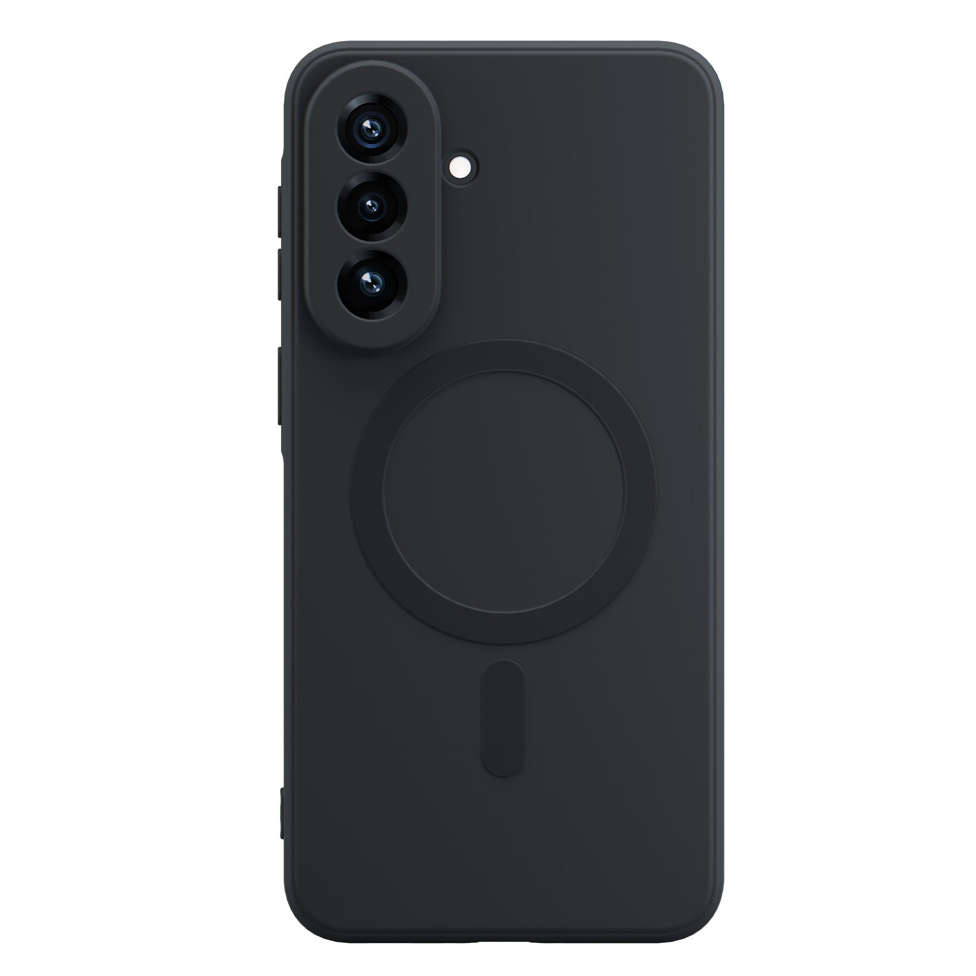 Czarne etui na telefon z potrójnym aparatem i magnetycznym pierścieniem.