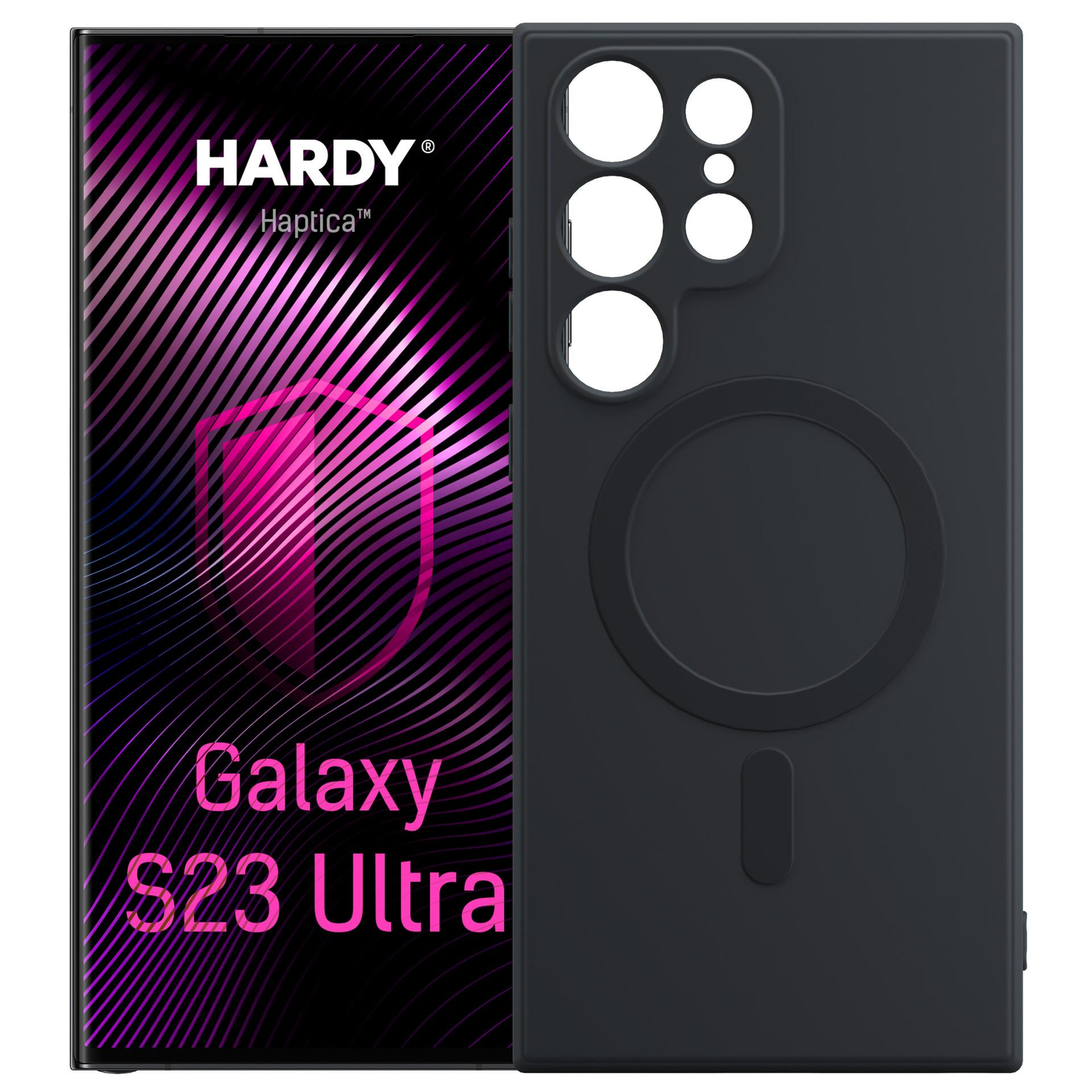 Czarne etui na telefon do Galaxy S23 Ultra z wycięciami na aparat i pierścieniem magnetycznym.