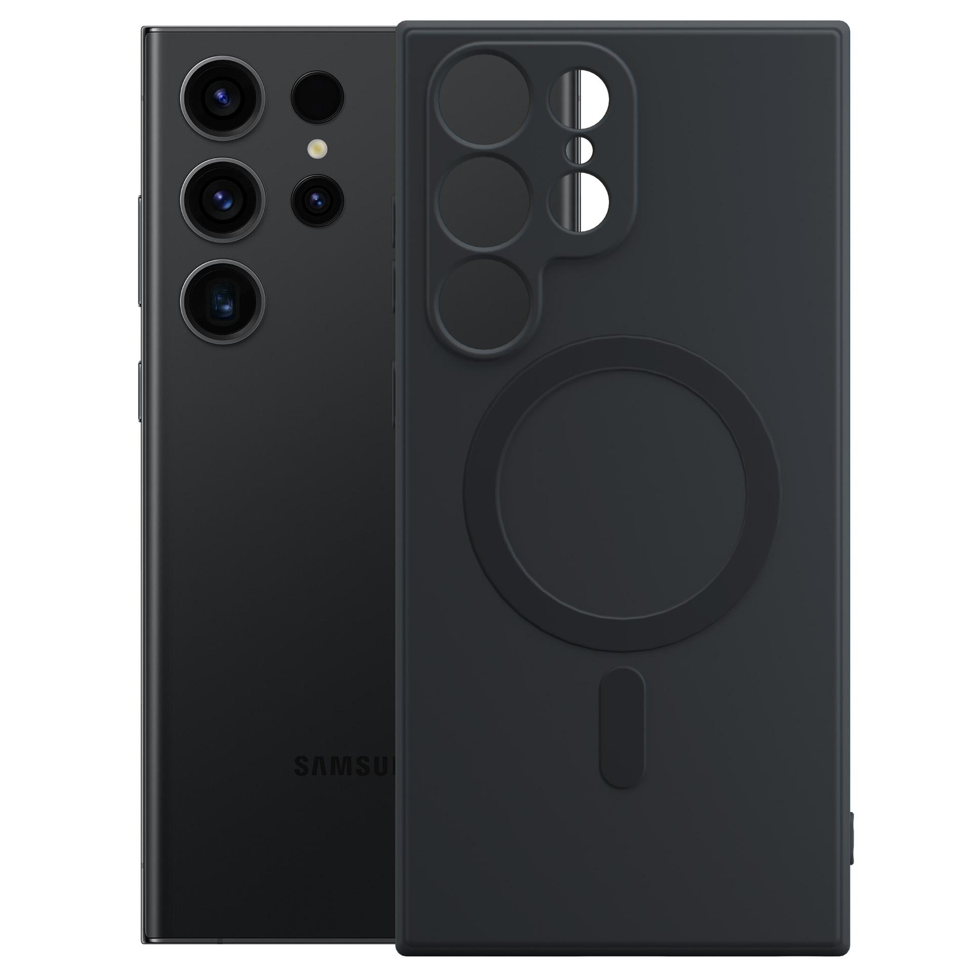 Czarny smartfon obok dopasowanego etui z wycięciami na aparat.