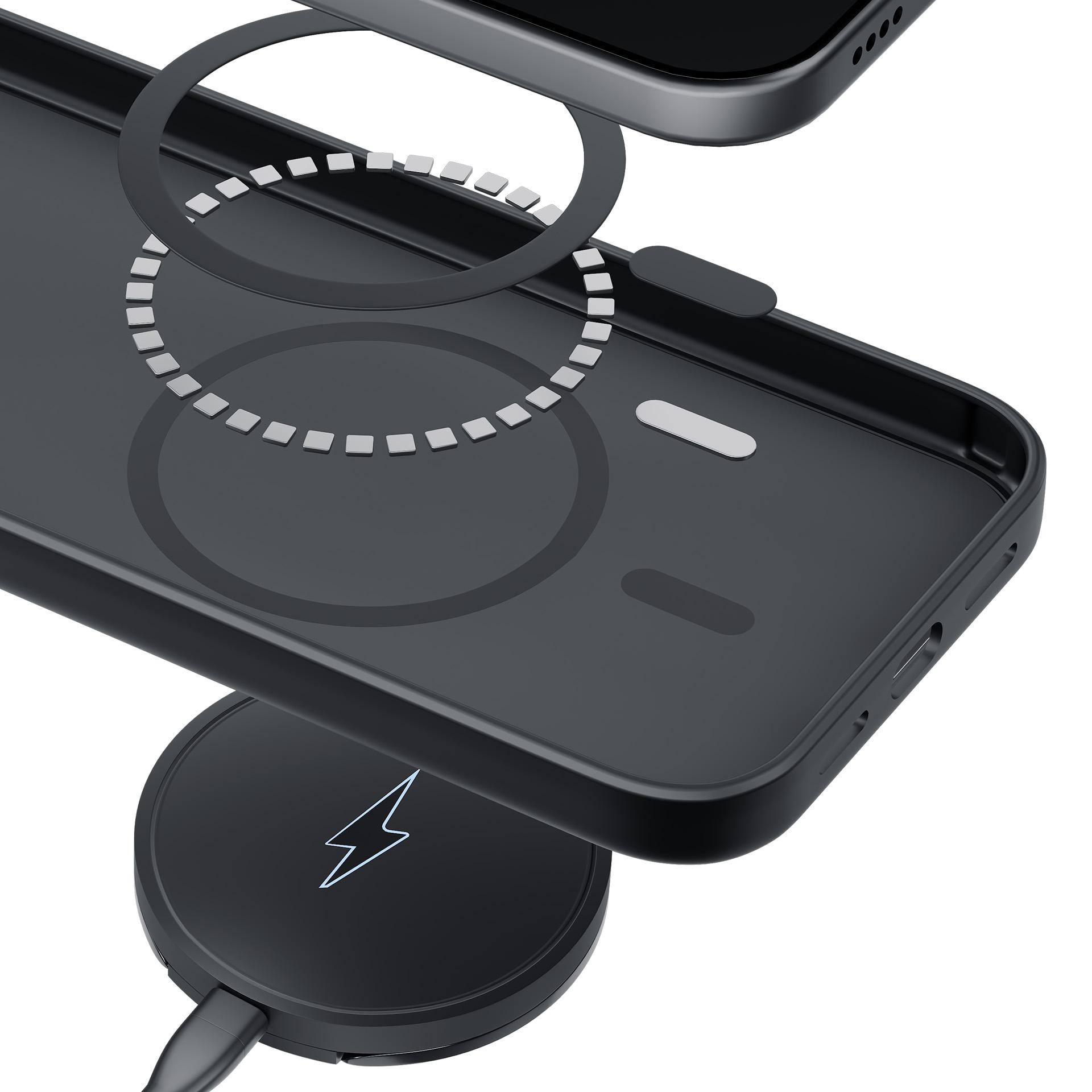 Czarny telefon z etui ładującym i uchwytem pierścieniowym na białym tle.