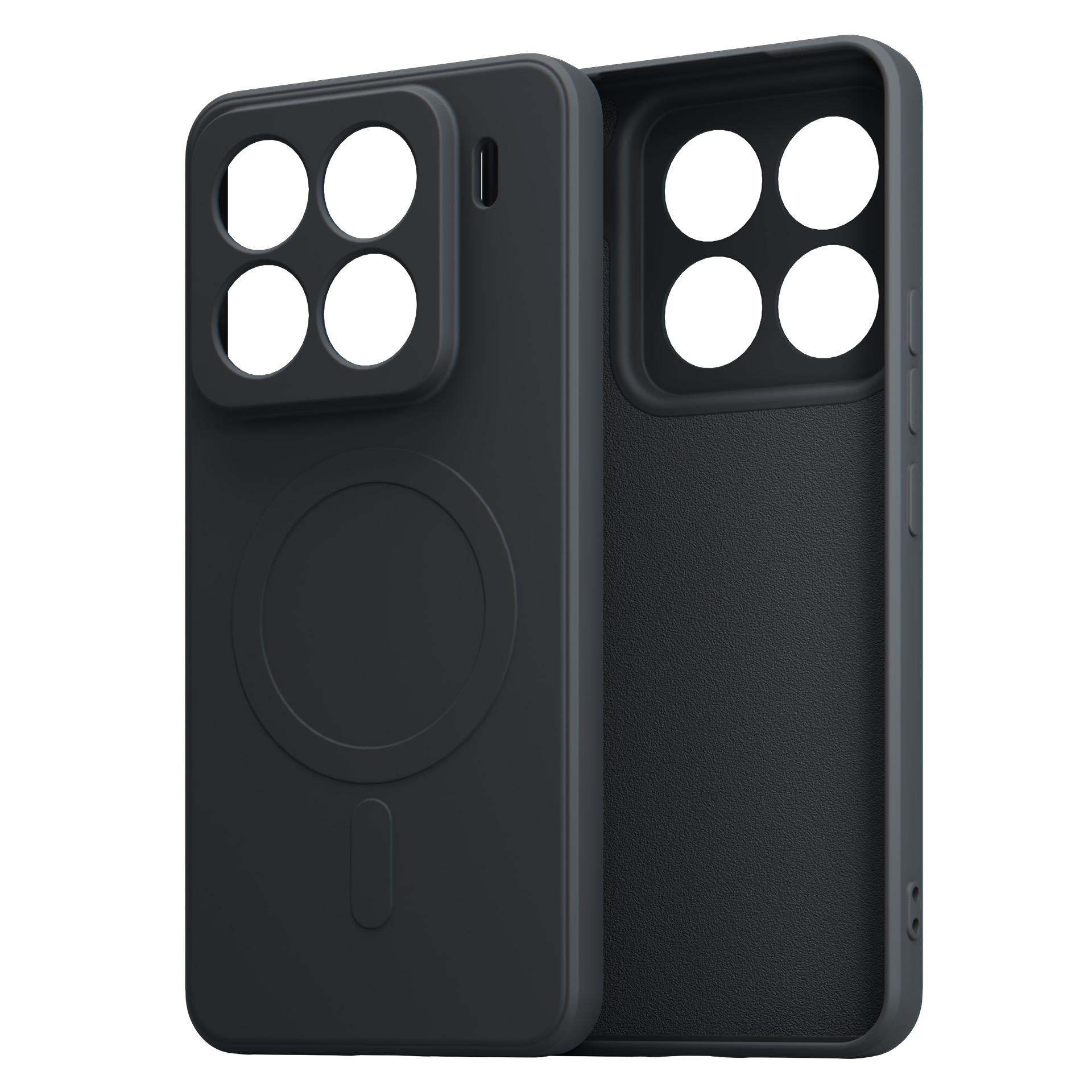 Czarne etui na telefon z czterema otworami na aparat i pierścieniem magnetycznym.