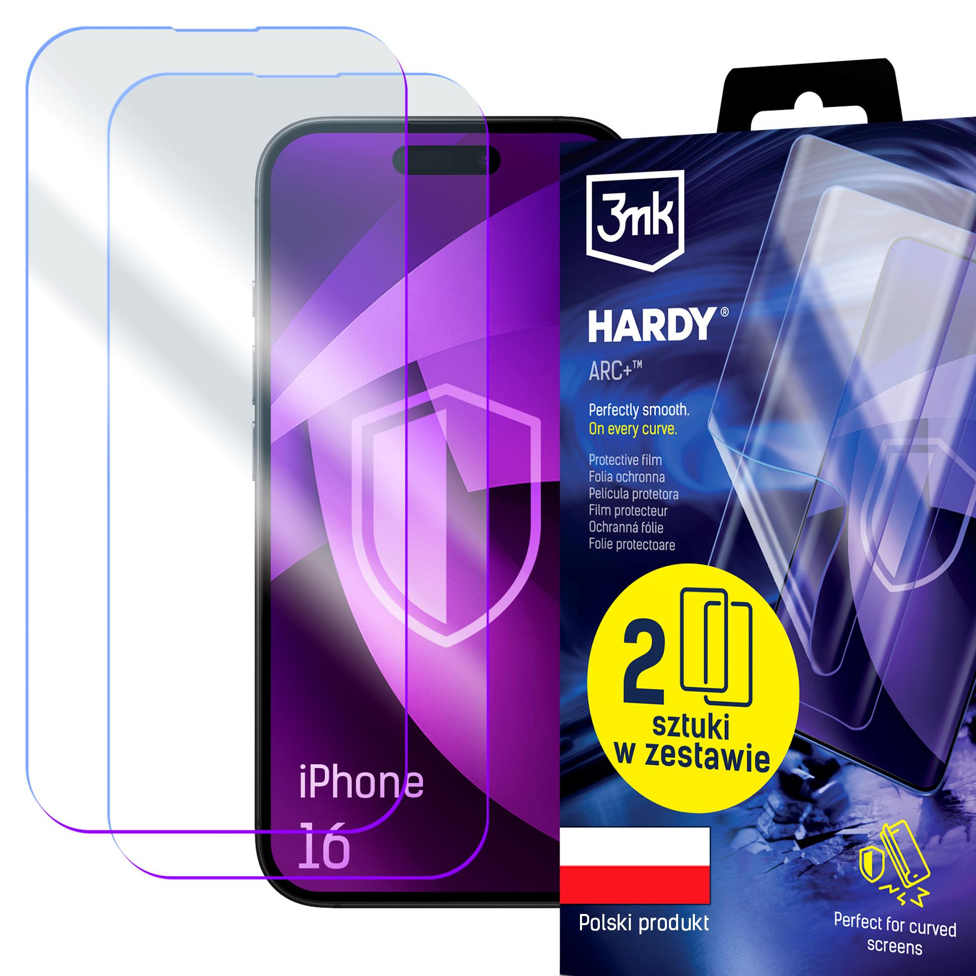 Dwa ochraniacze ekranu 3mk Hardy ARC+ do iPhone 16, w opakowaniu.