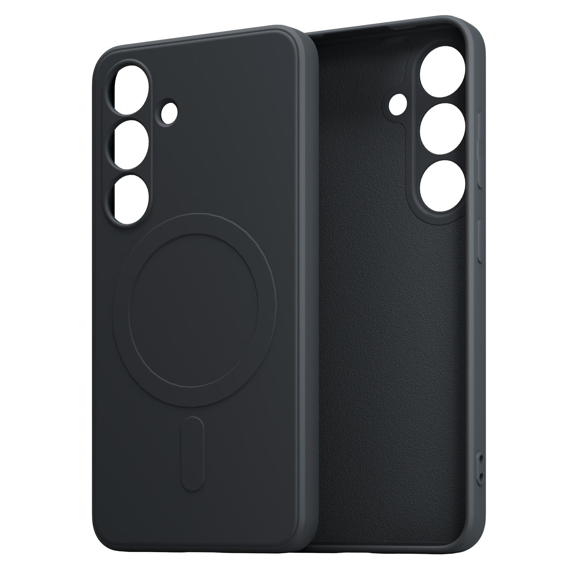 Czarna obudowa telefonu z kółkiem MagSafe, widoczna z przodu i z tyłu.