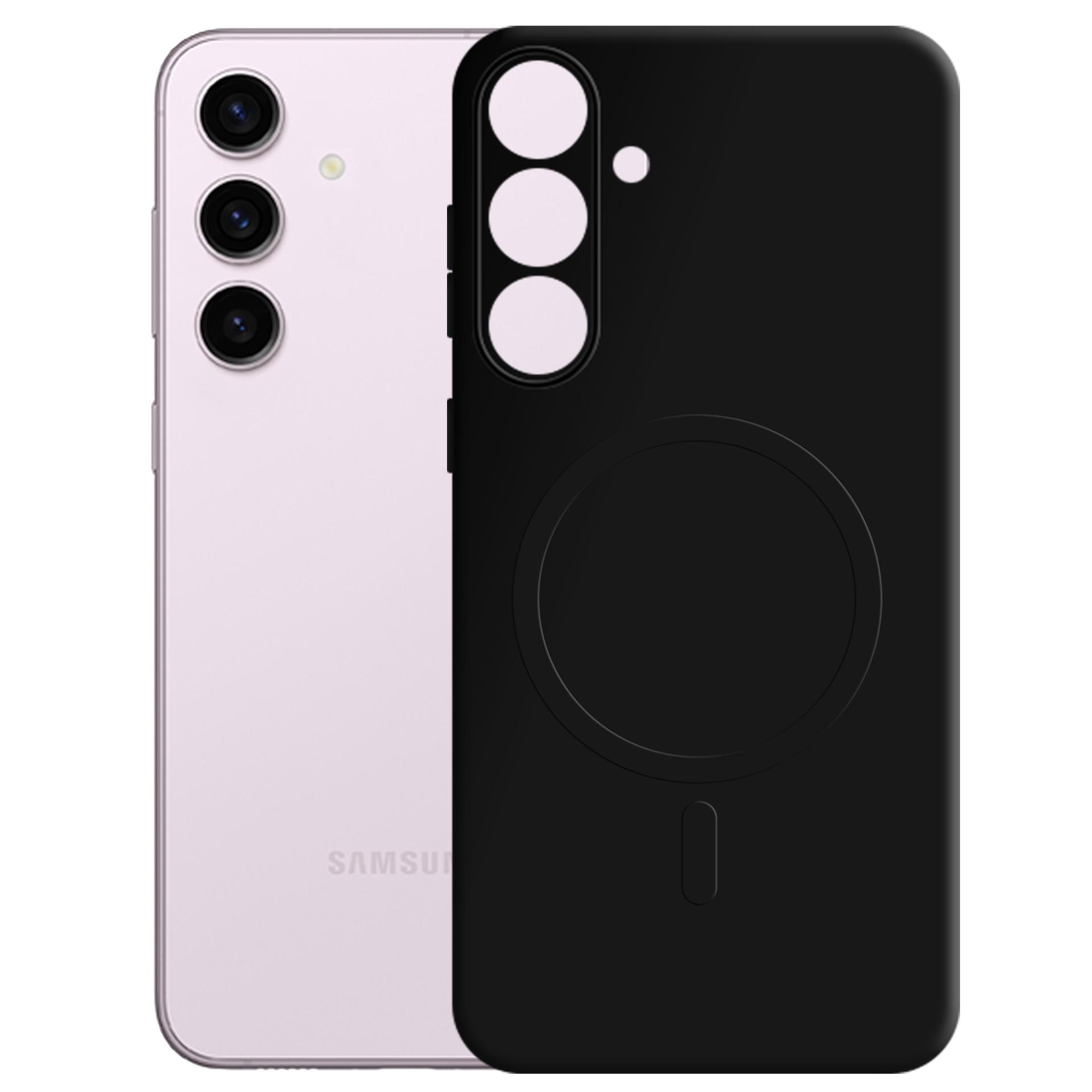 Jasnoróżowy smartfon obok czarnego etui na telefon z okrągłym wgłębieniem.