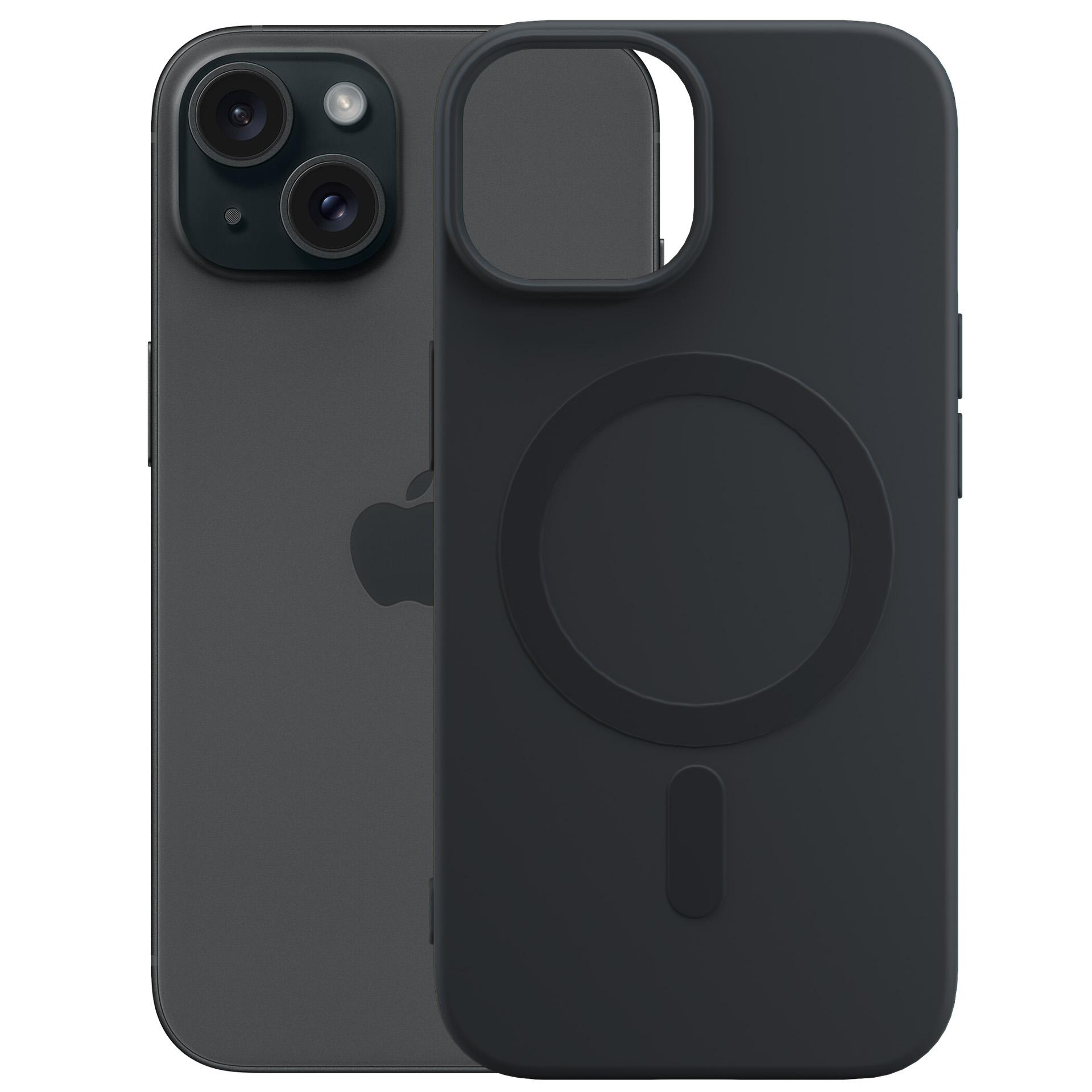 Czarny iPhone obok czarnego etui na telefon, z tyłu widoczne aparaty.