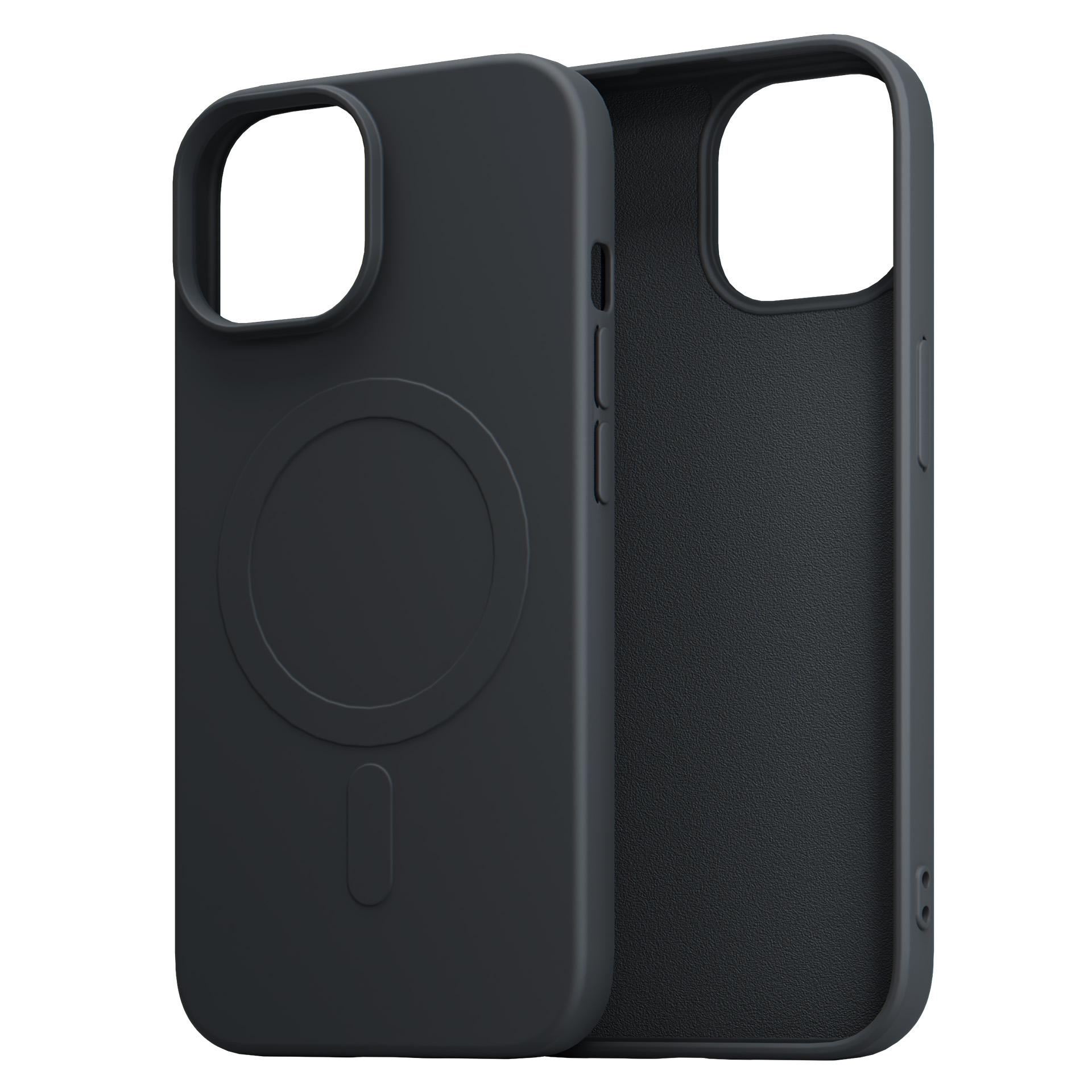 Dwa czarne etui na iPhone obok siebie, jedno wewnątrz, drugie na zewnątrz.