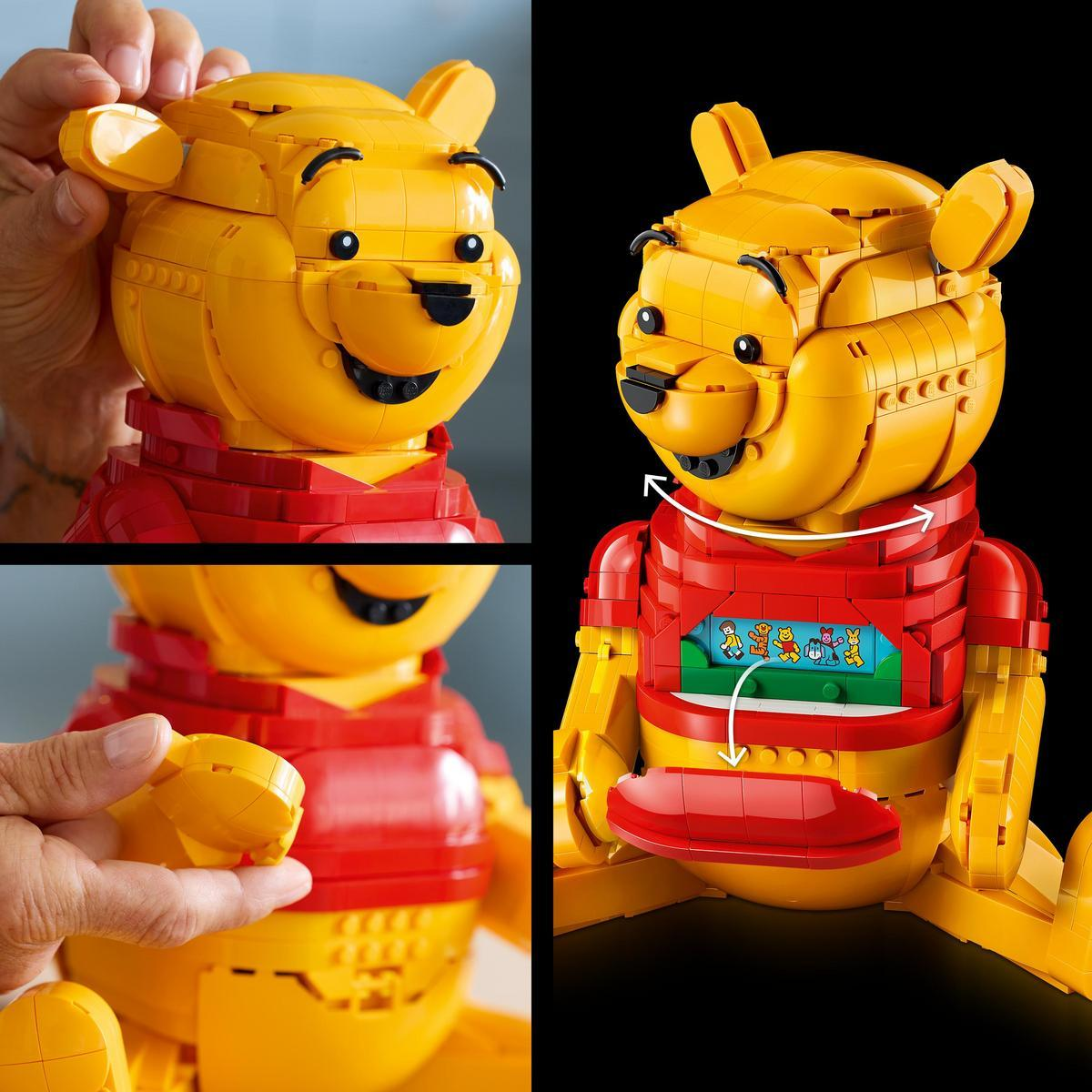 Kırmızı tişörtlü Winnie the Pooh'un Lego modeli. İçinde resimler olan bir bölme var.